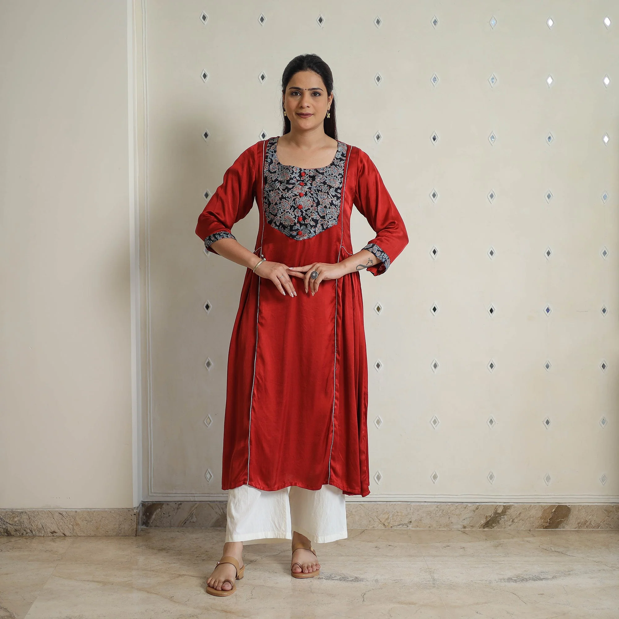 Red - Jasmin Maroon Modal Silk Plain A-line Kurta - Image 3