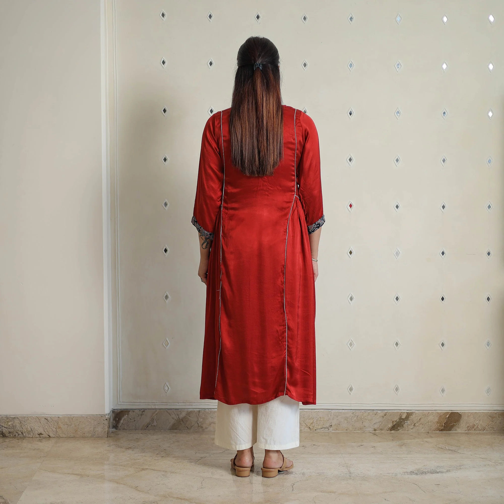 Red - Jasmin Maroon Modal Silk Plain A-line Kurta - Image 4