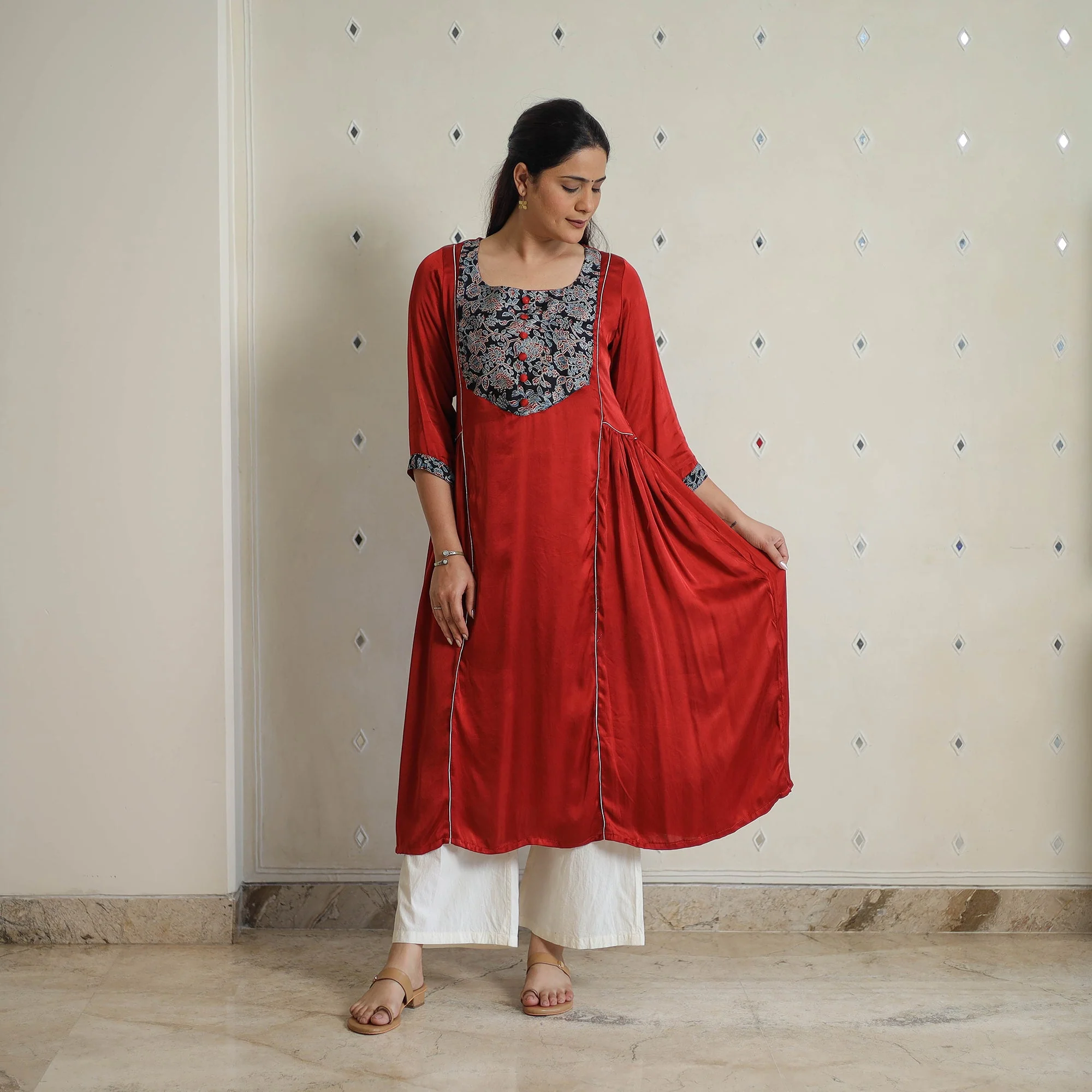 Red - Jasmin Maroon Modal Silk Plain A-line Kurta - Image 6
