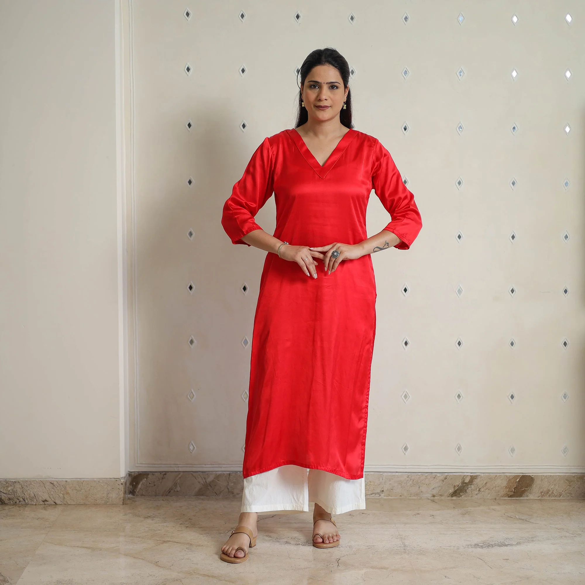 Ananya Dark Red Modal Silk Plain Straight Kurta - Image 3