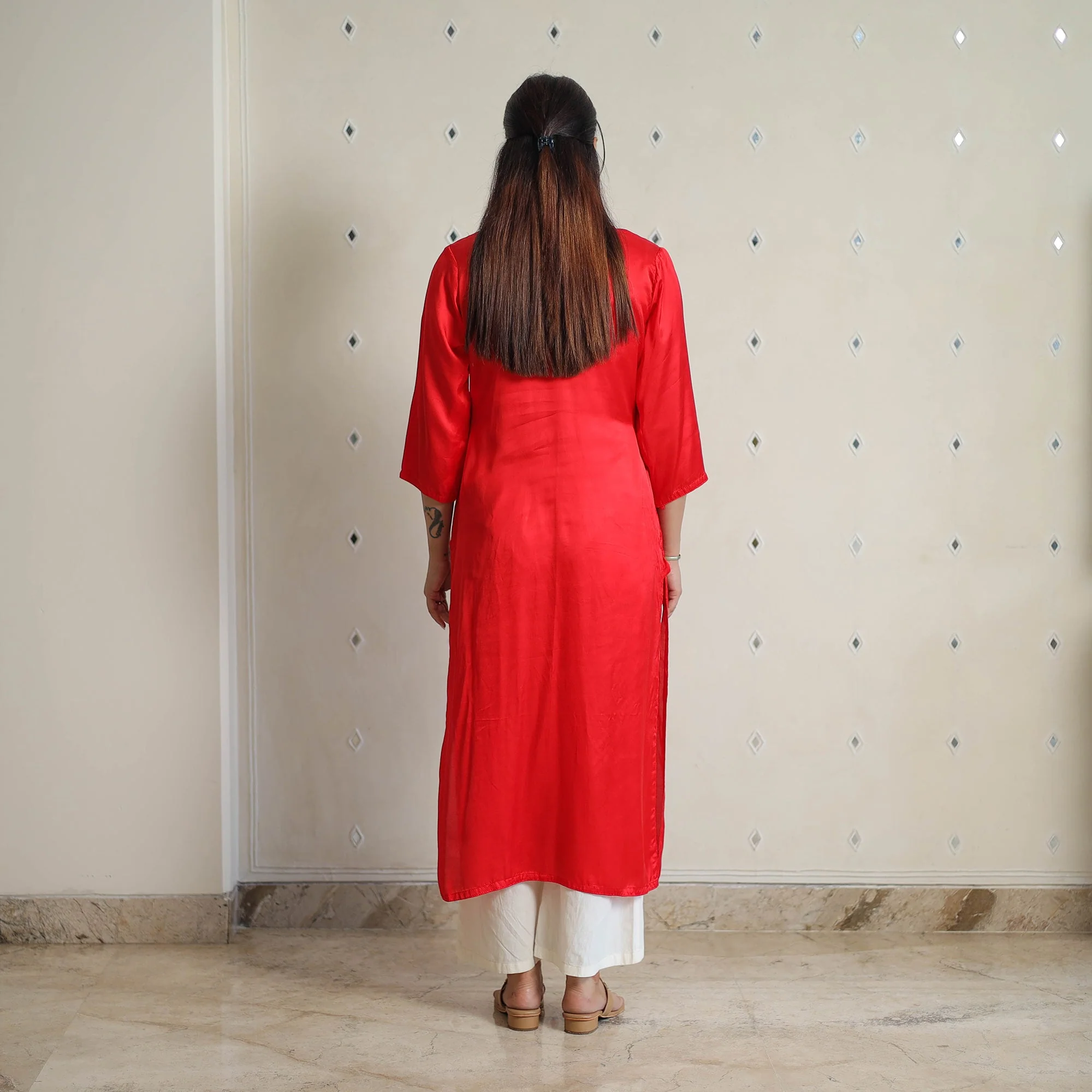 Ananya Dark Red Modal Silk Plain Straight Kurta - Image 4