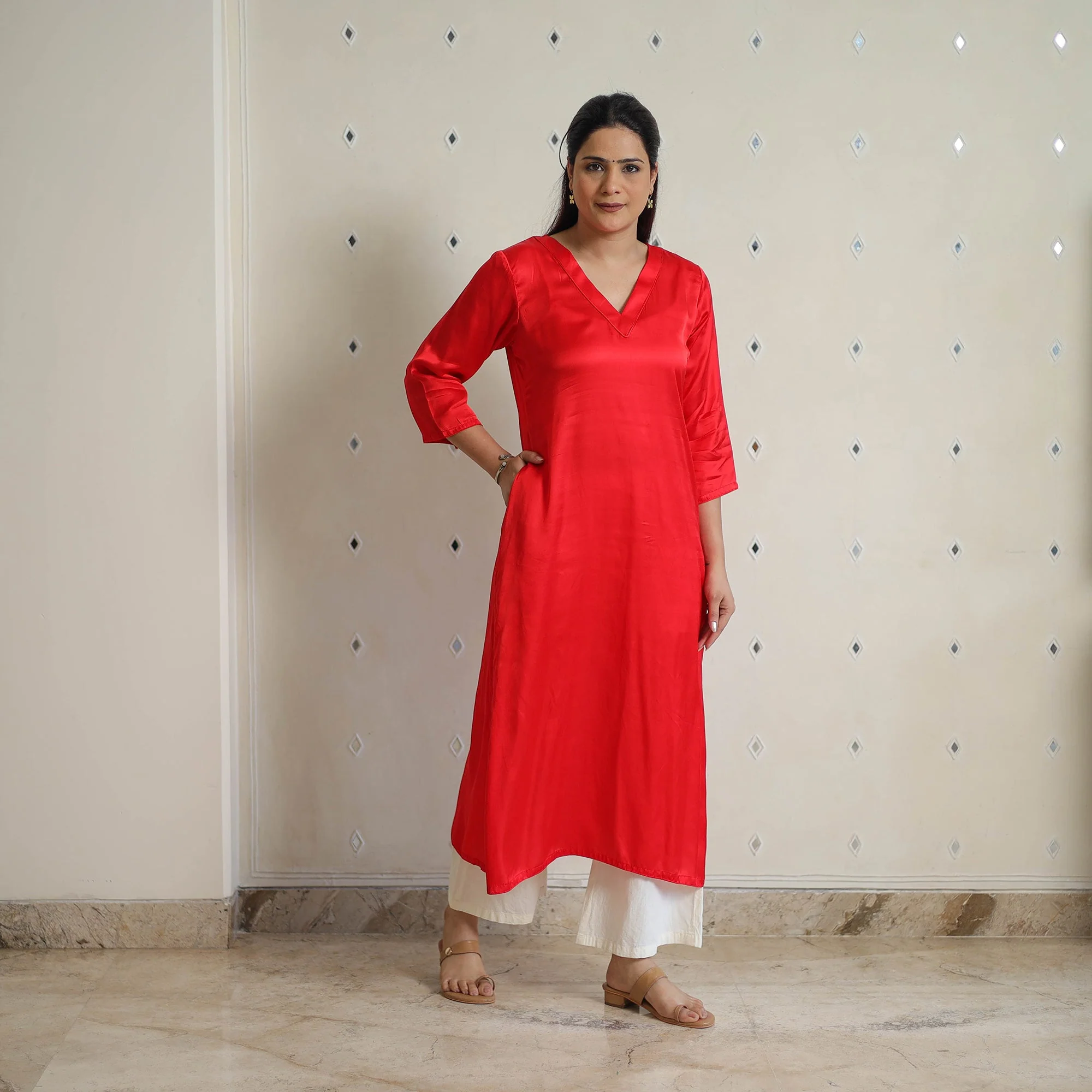 Ananya Dark Red Modal Silk Plain Straight Kurta - Image 6