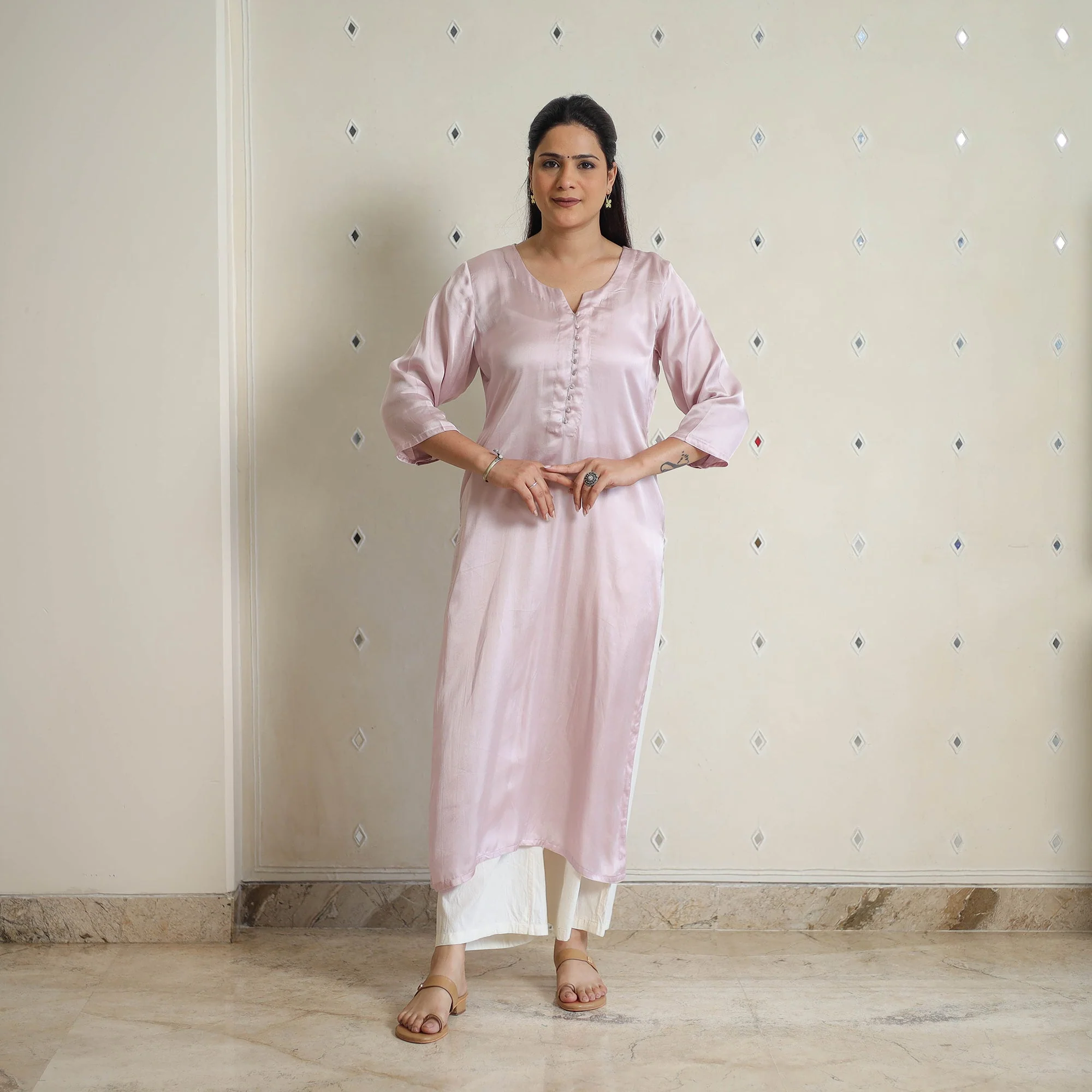 Nithya Baby Pink Modal Silk Plain Straight Kurta - Image 3