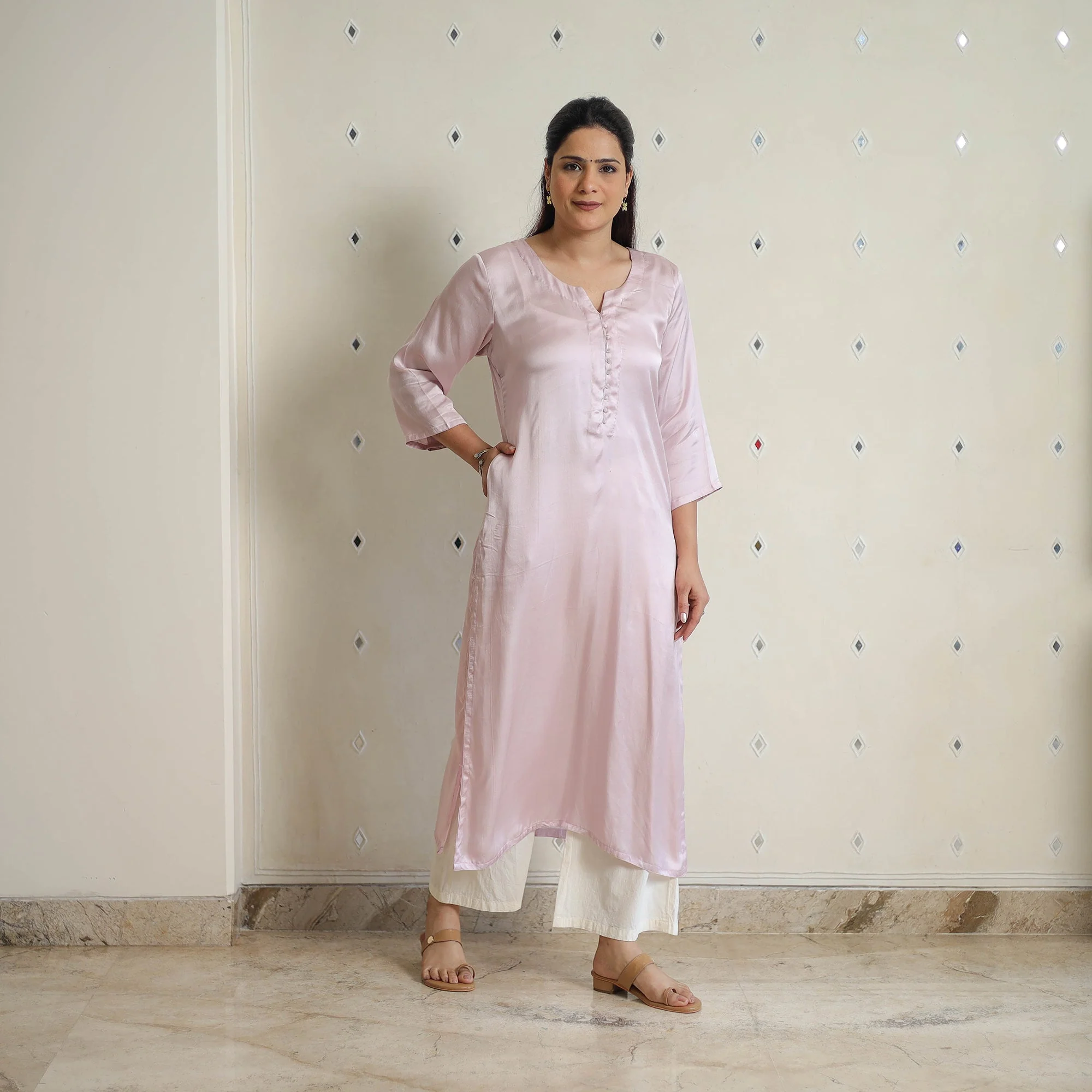Nithya Baby Pink Modal Silk Plain Straight Kurta - Image 5