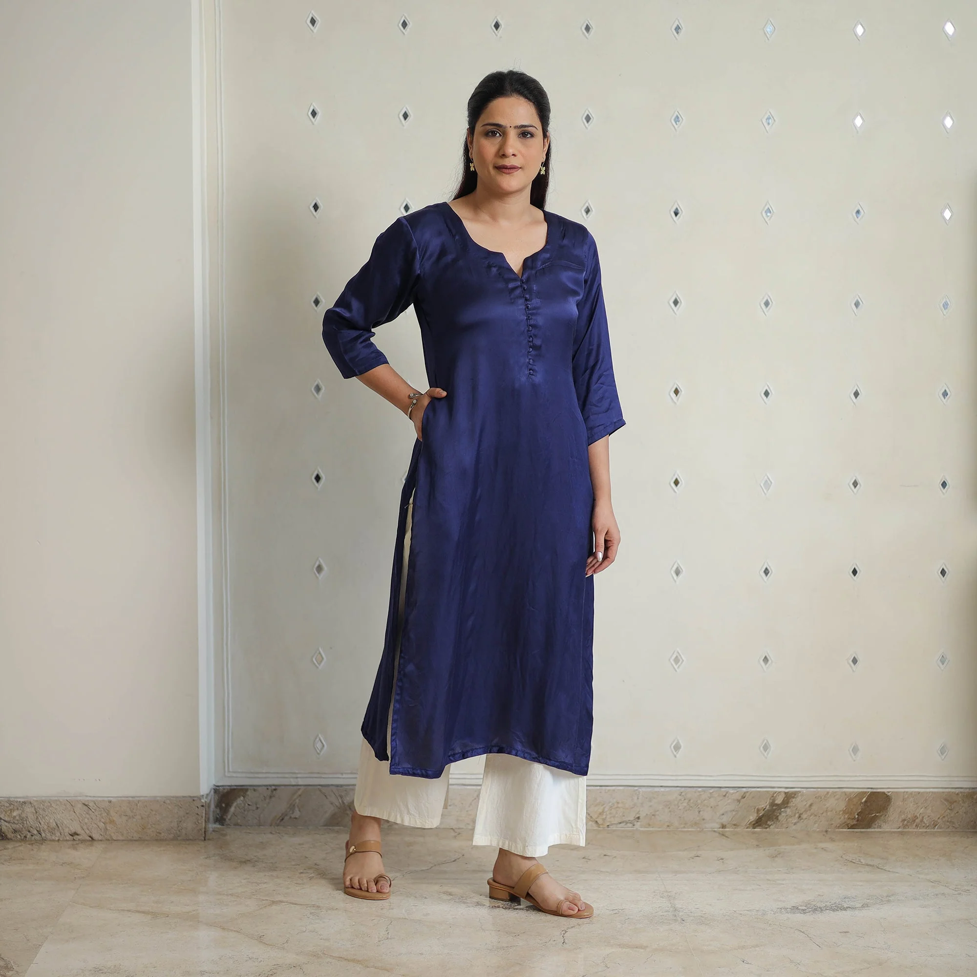 Jasleen Navy Blue Modal Silk Plain Straight Kurta - Image 5