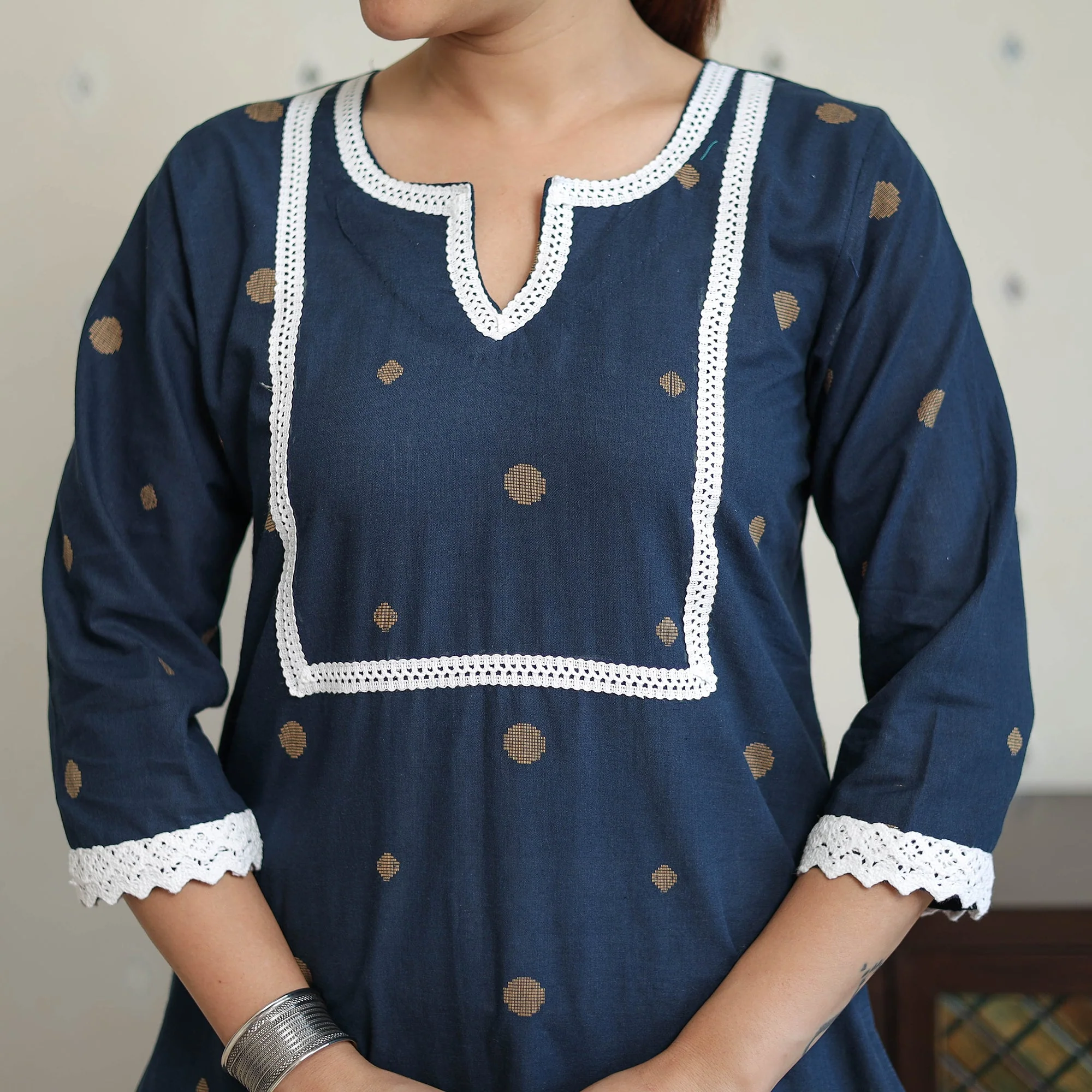Blue - Jacquard Cotton Straight Kurta with Lace Work 27 - Image 5