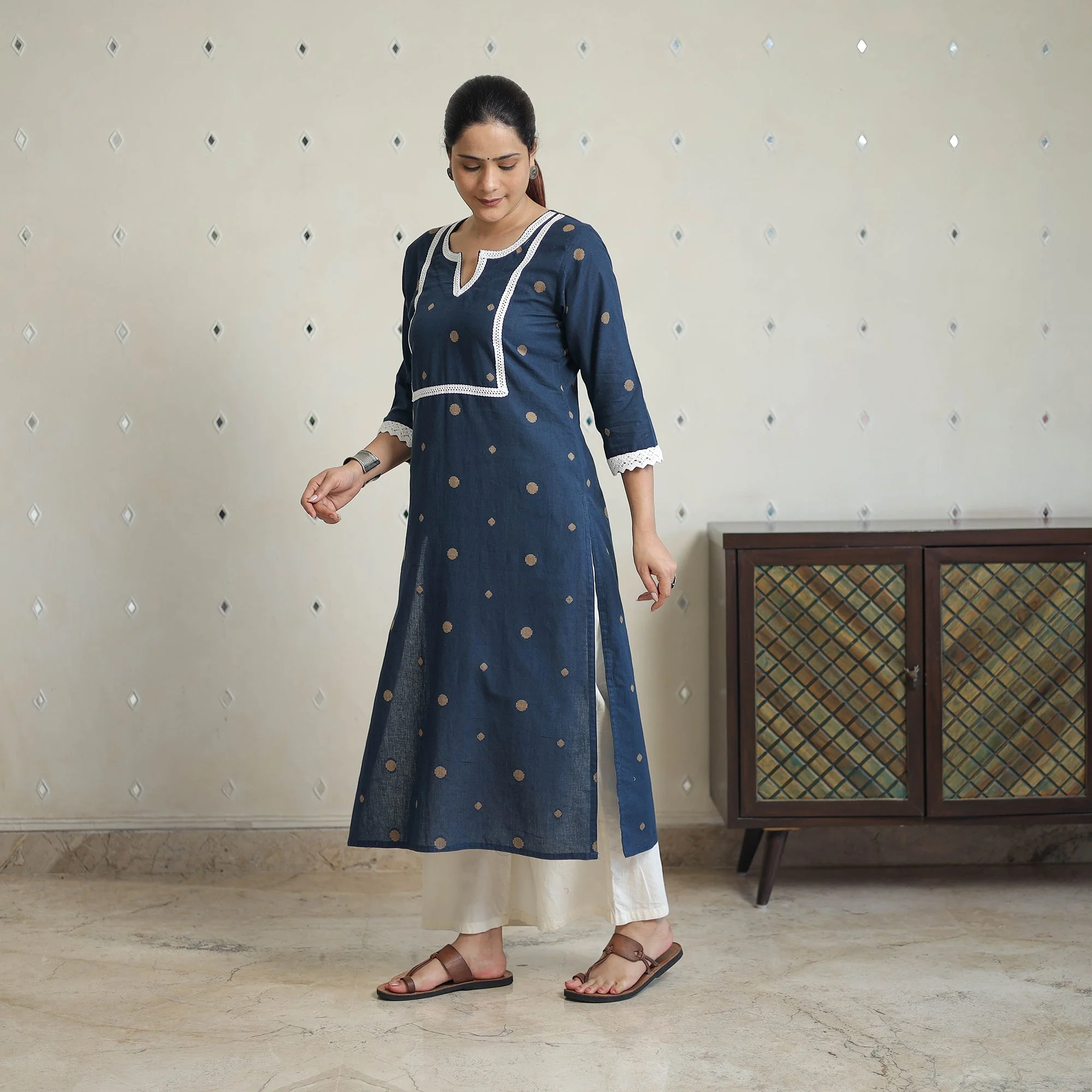 Blue - Jacquard Cotton Straight Kurta with Lace Work 27 - Image 6