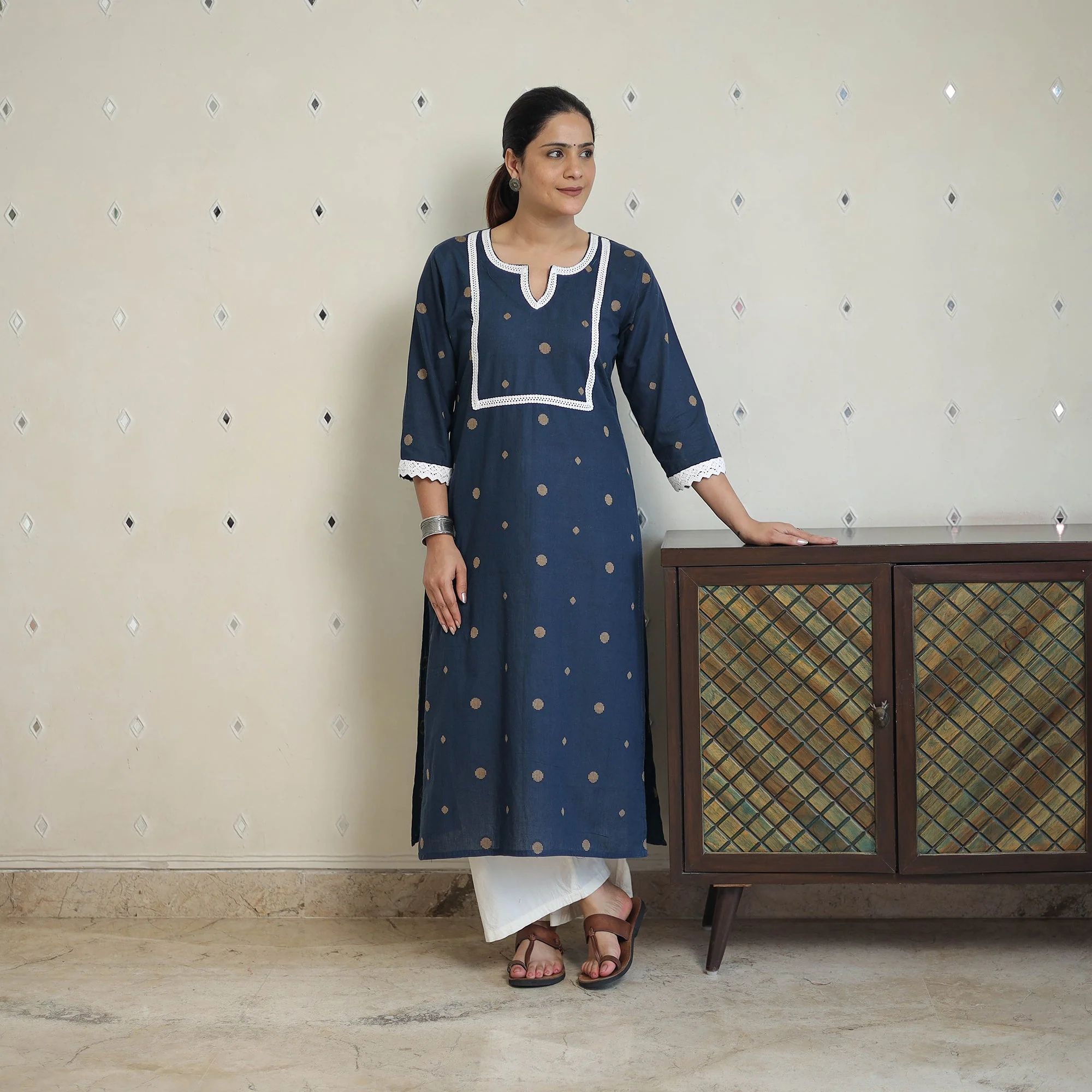 Blue - Jacquard Cotton Straight Kurta with Lace Work 27 - Image 7