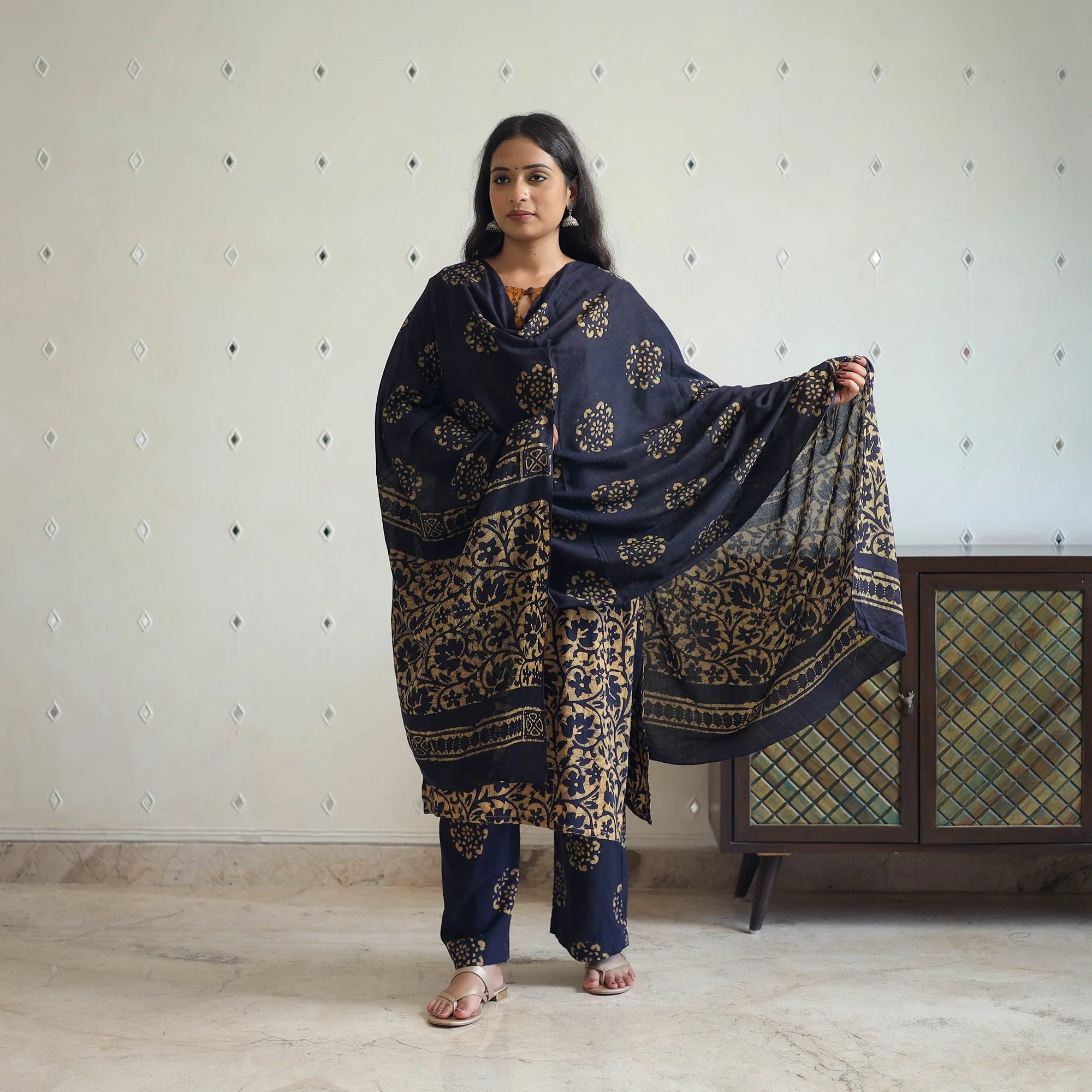Blue - Batik Print Cotton Kurta with Palazzo & Dupatta Suit Set 07 - Image 2