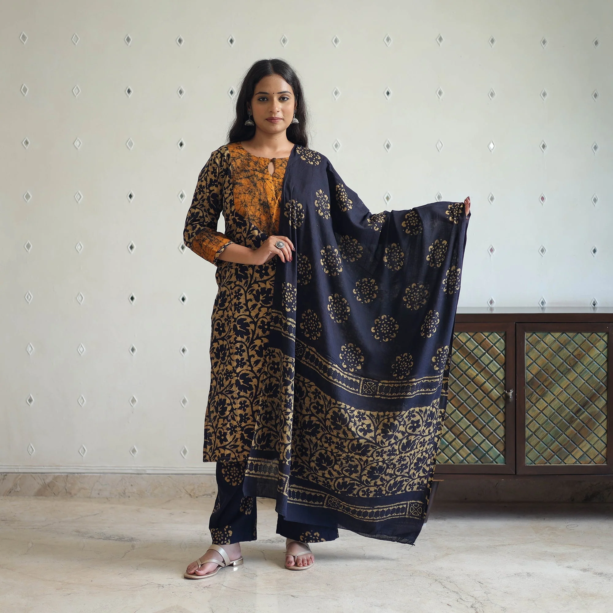 Blue - Batik Print Cotton Kurta with Palazzo & Dupatta Suit Set 07 - Image 3