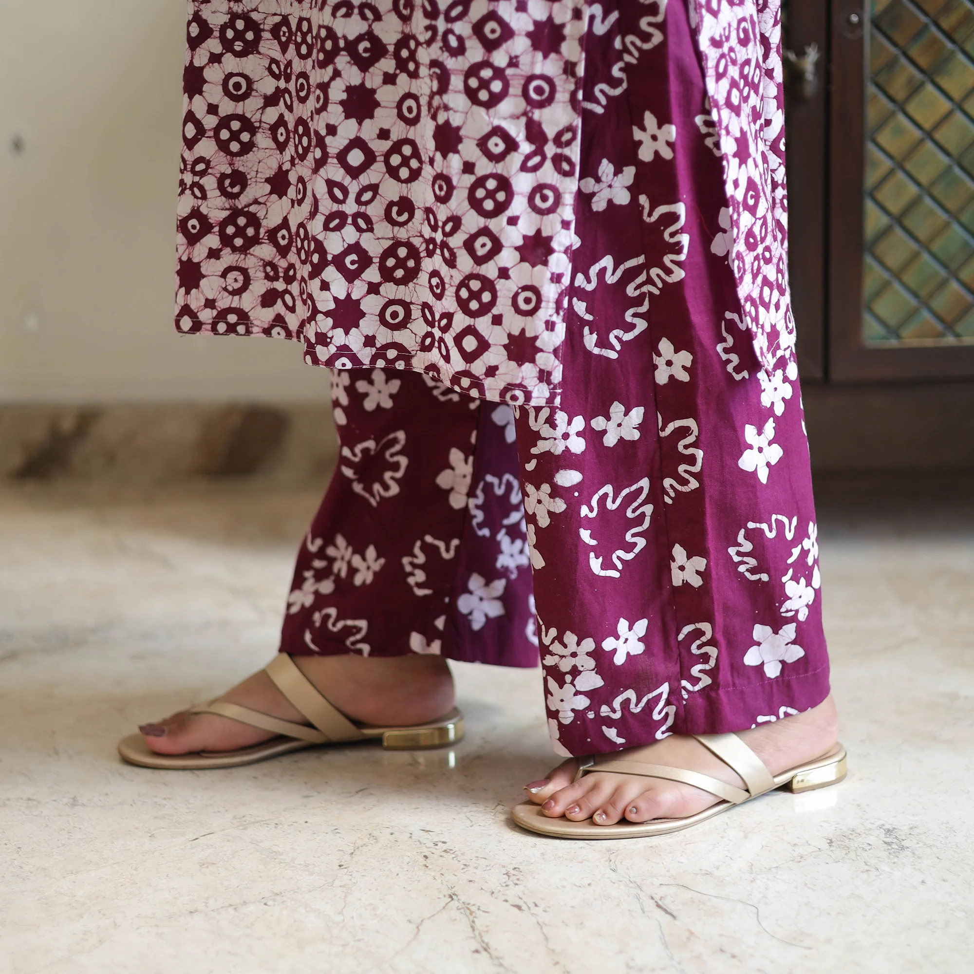 Purple - Batik Print Cotton Kurta with Palazzo & Dupatta Suit Set 09 - Image 5