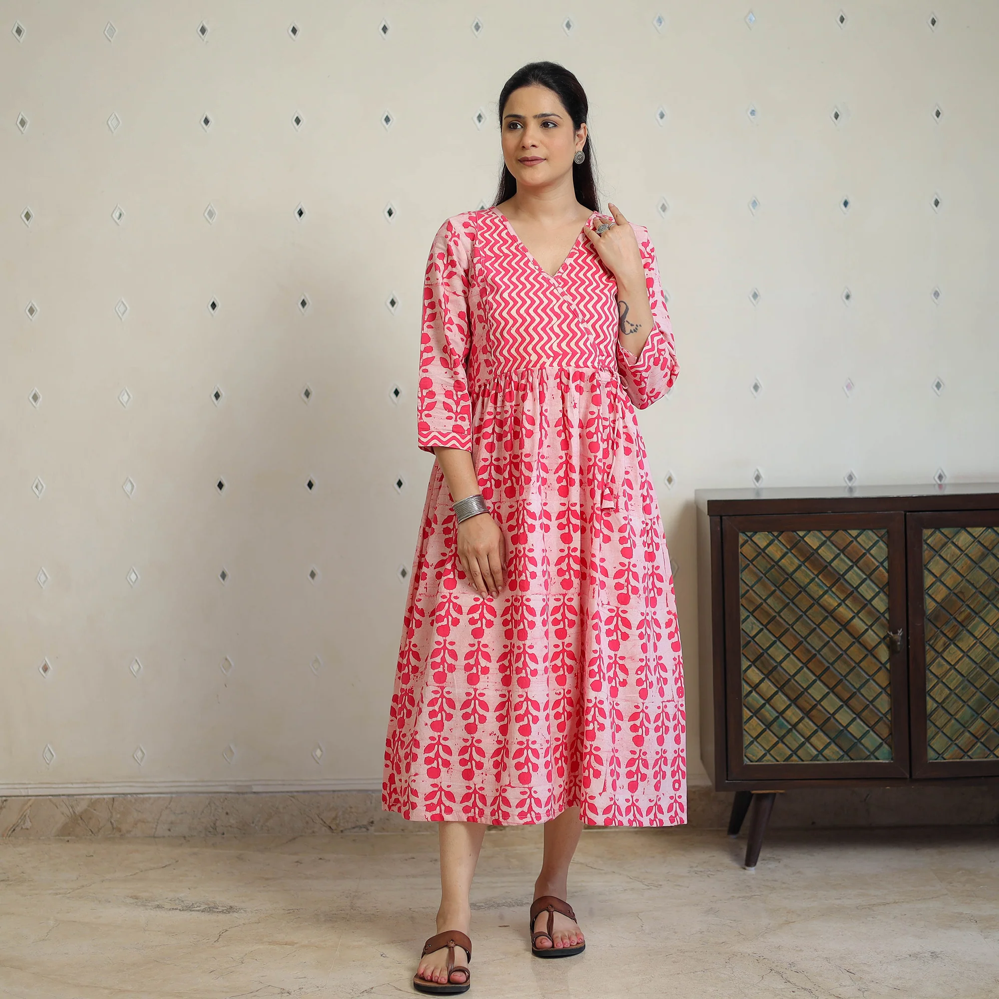Pink - Pure Cotton Angrakha Batik Print Dress 06 - Image 2