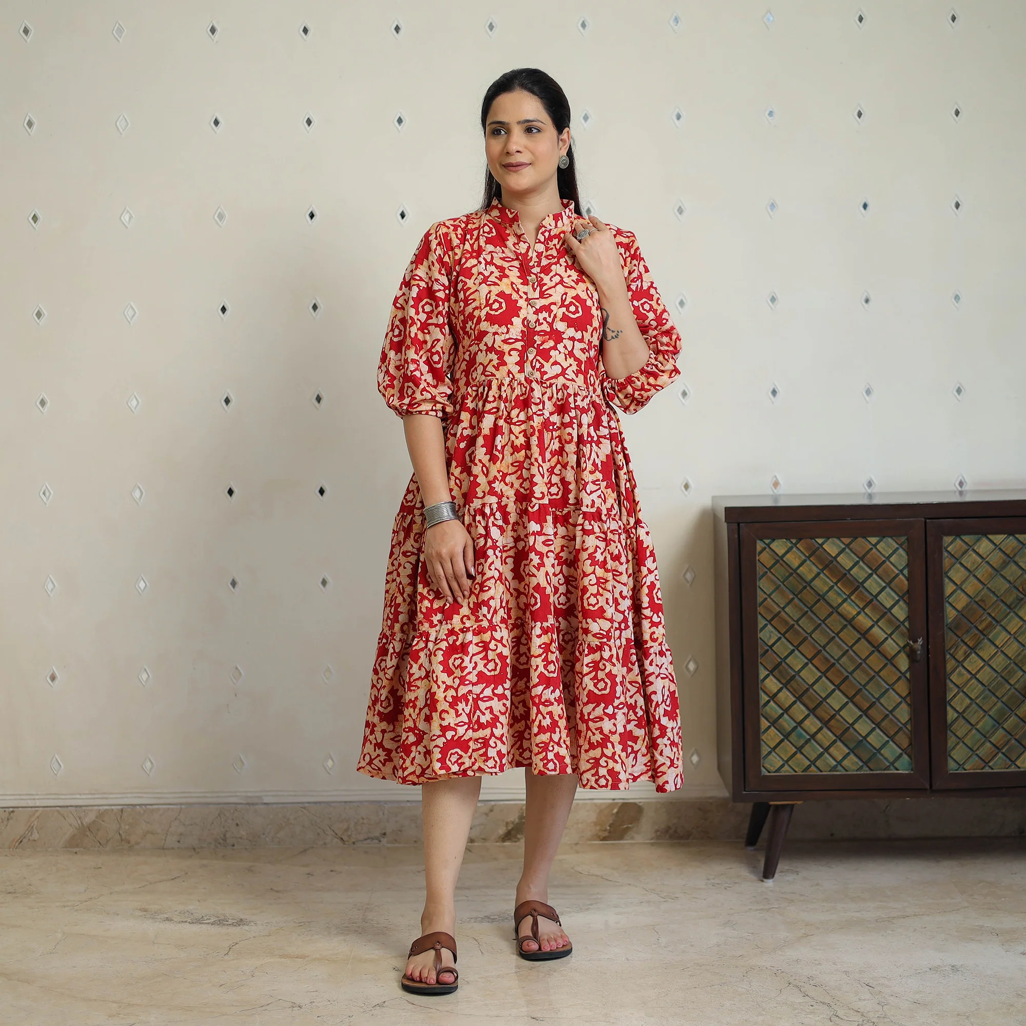 Red - Pure Cotton Tiered Batik Print Dress 09 - Image 2