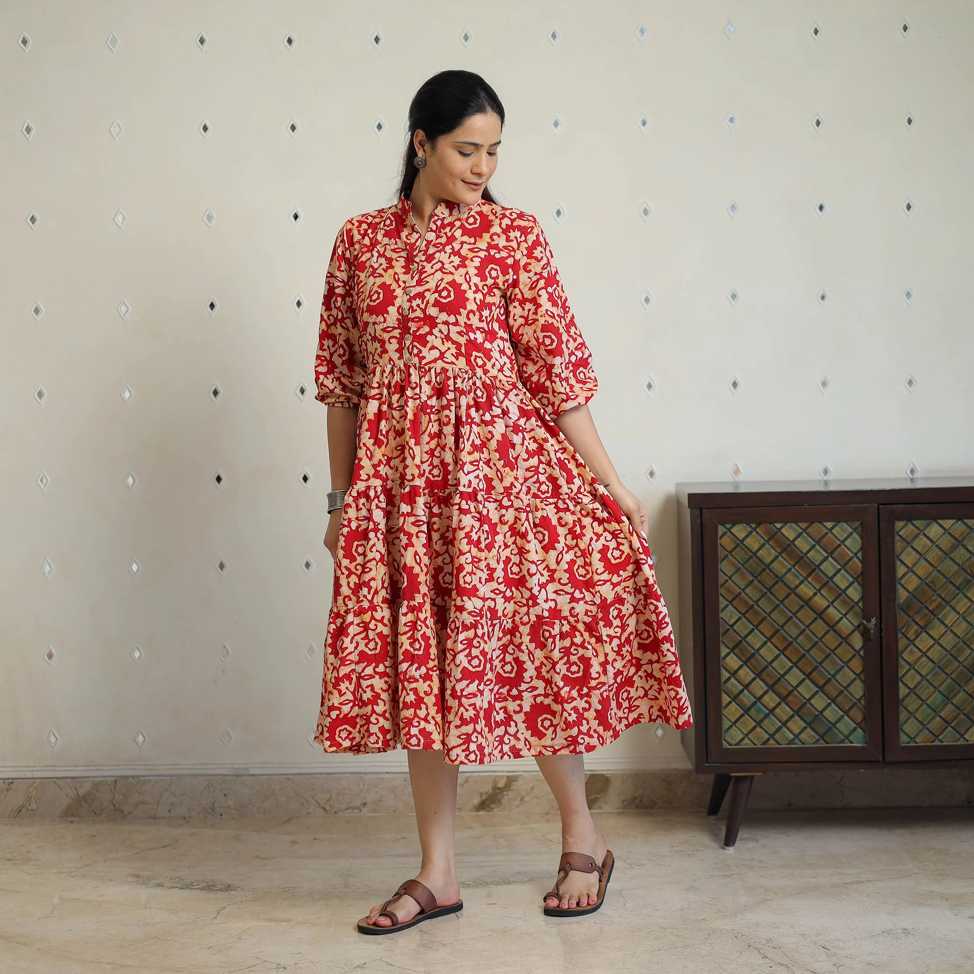 Red - Pure Cotton Tiered Batik Print Dress 09 - Image 3