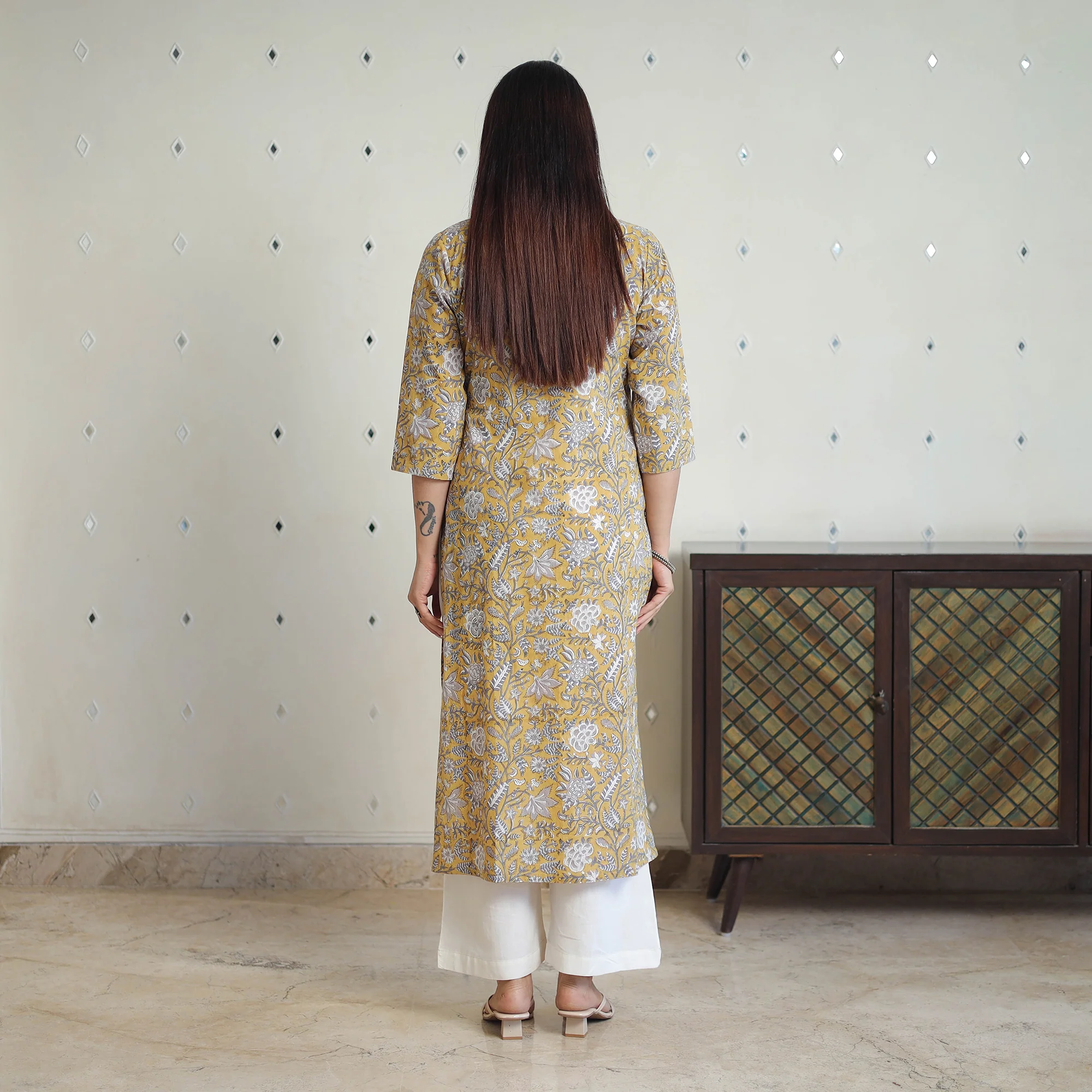 Yellow - Block Print Cotton Straight Sanganeri Kurta 02 - Image 5