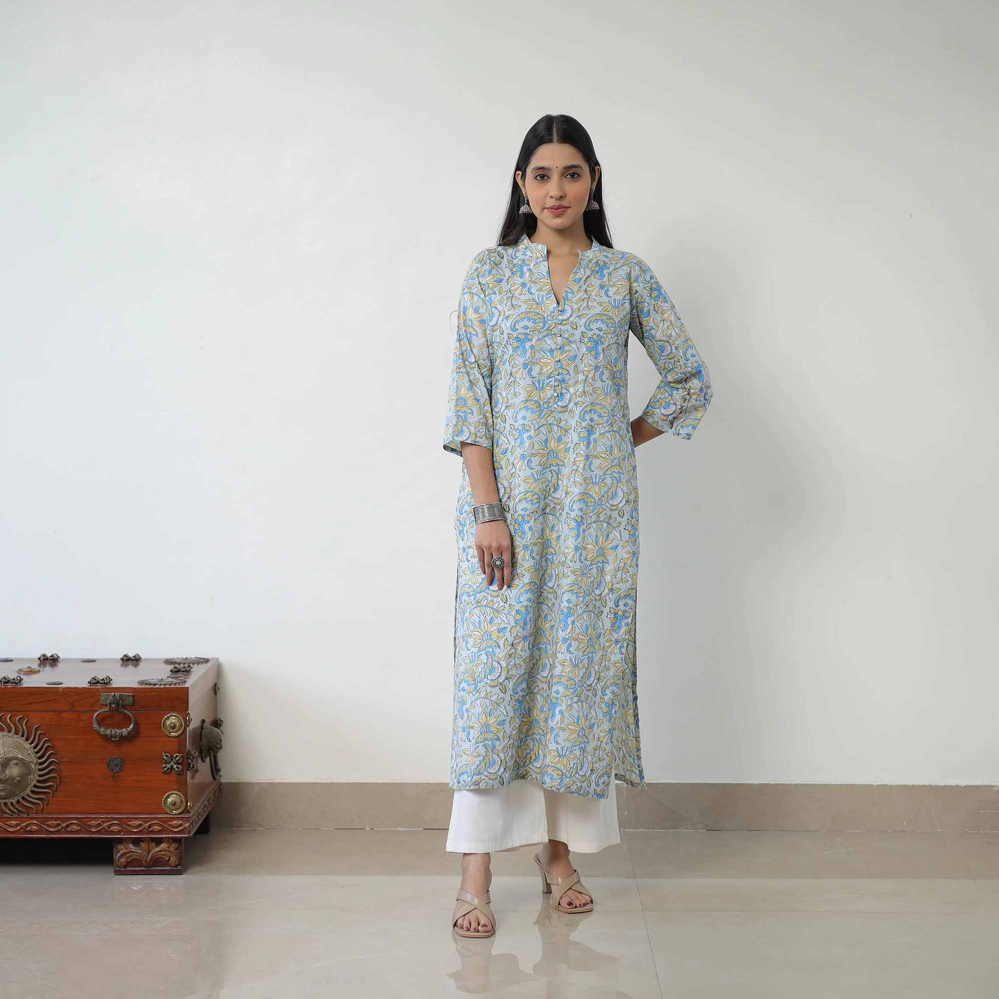 Grey - Block Print Cotton Straight Sanganeri Kurta 04 - Image 3