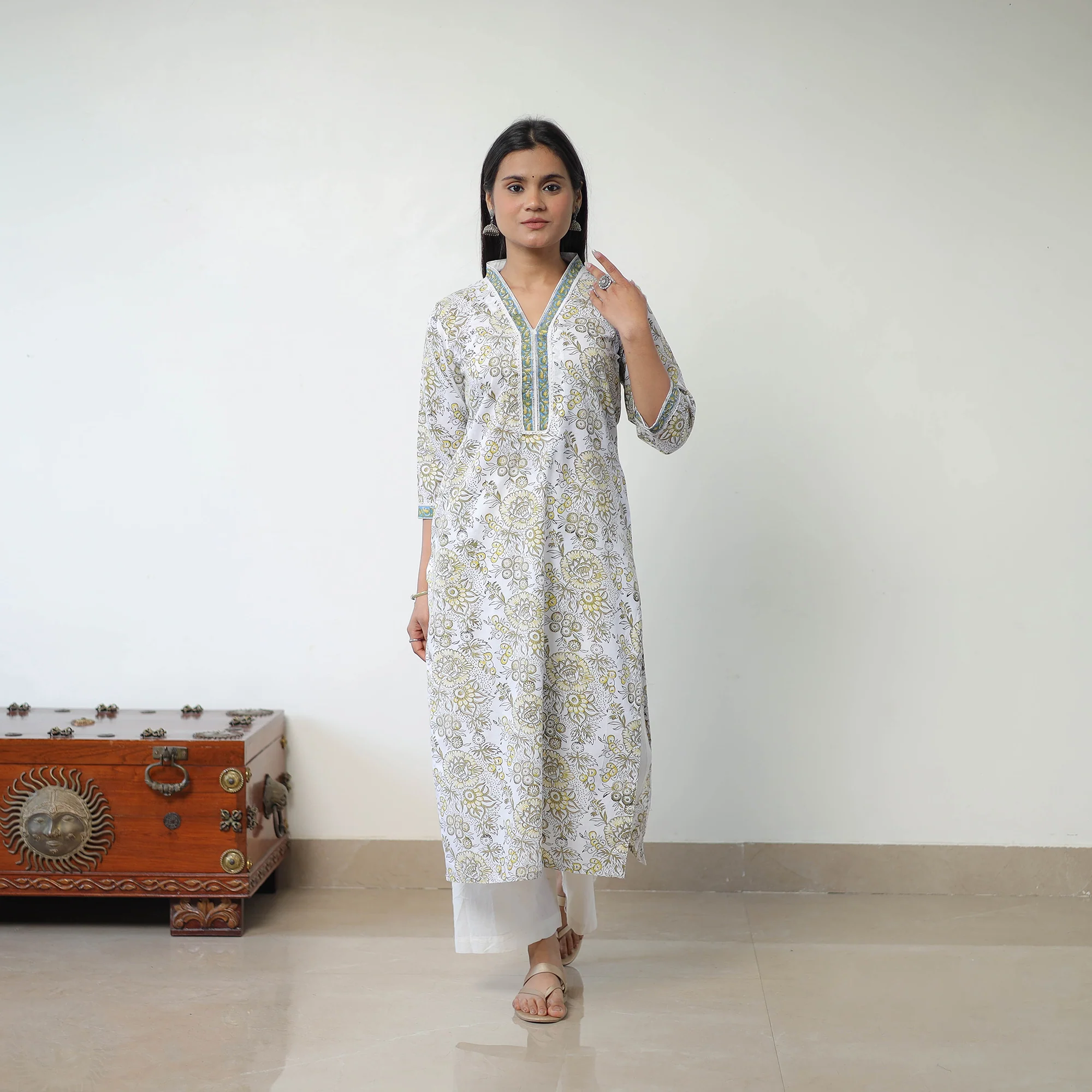 White - Block Print Cotton Straight Sanganeri Kurta 12 - Image 2