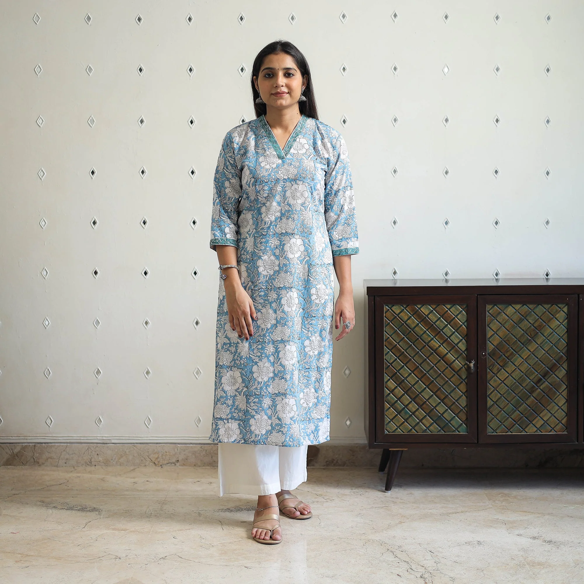 Blue - Block Print Cotton Straight Sanganeri Kurta 15 - Image 2