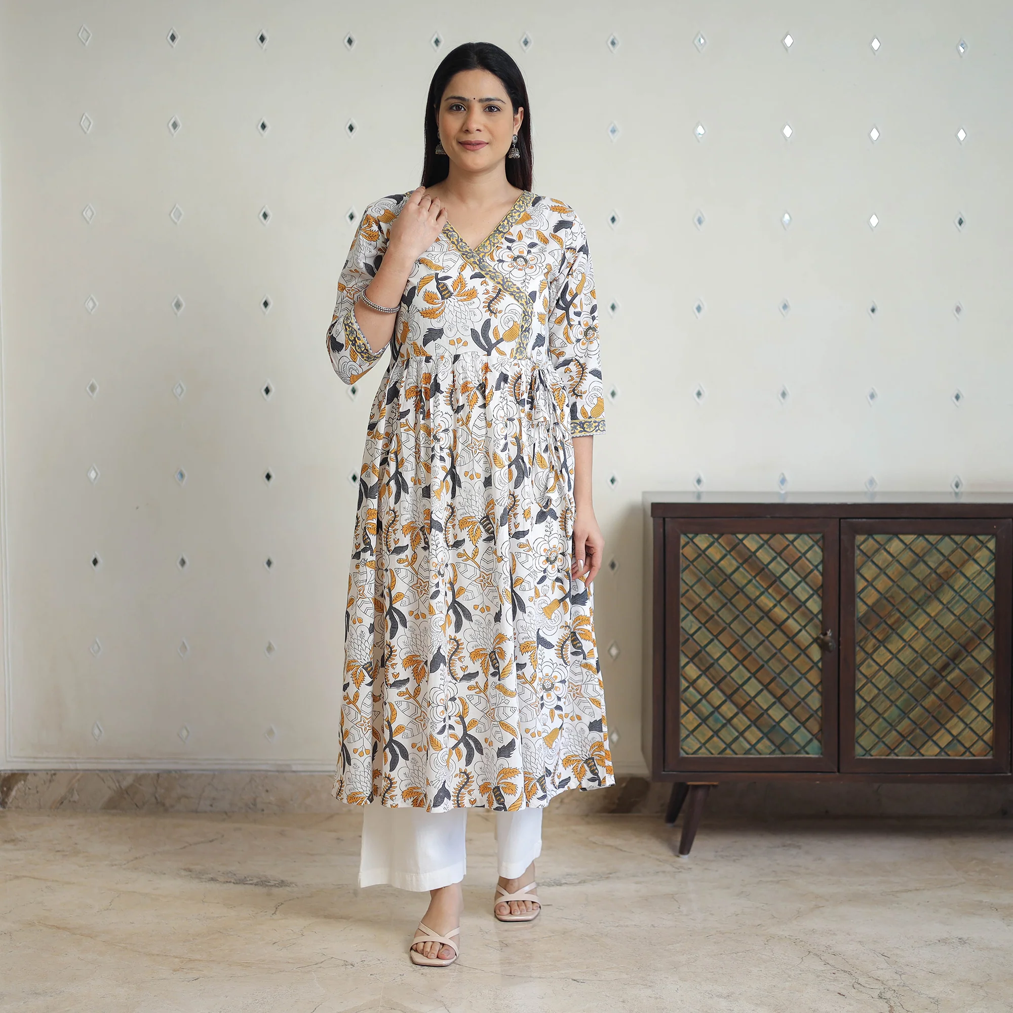 White - Block Print Cotton A-Line Sanganeri Kurta 03 - Image 2