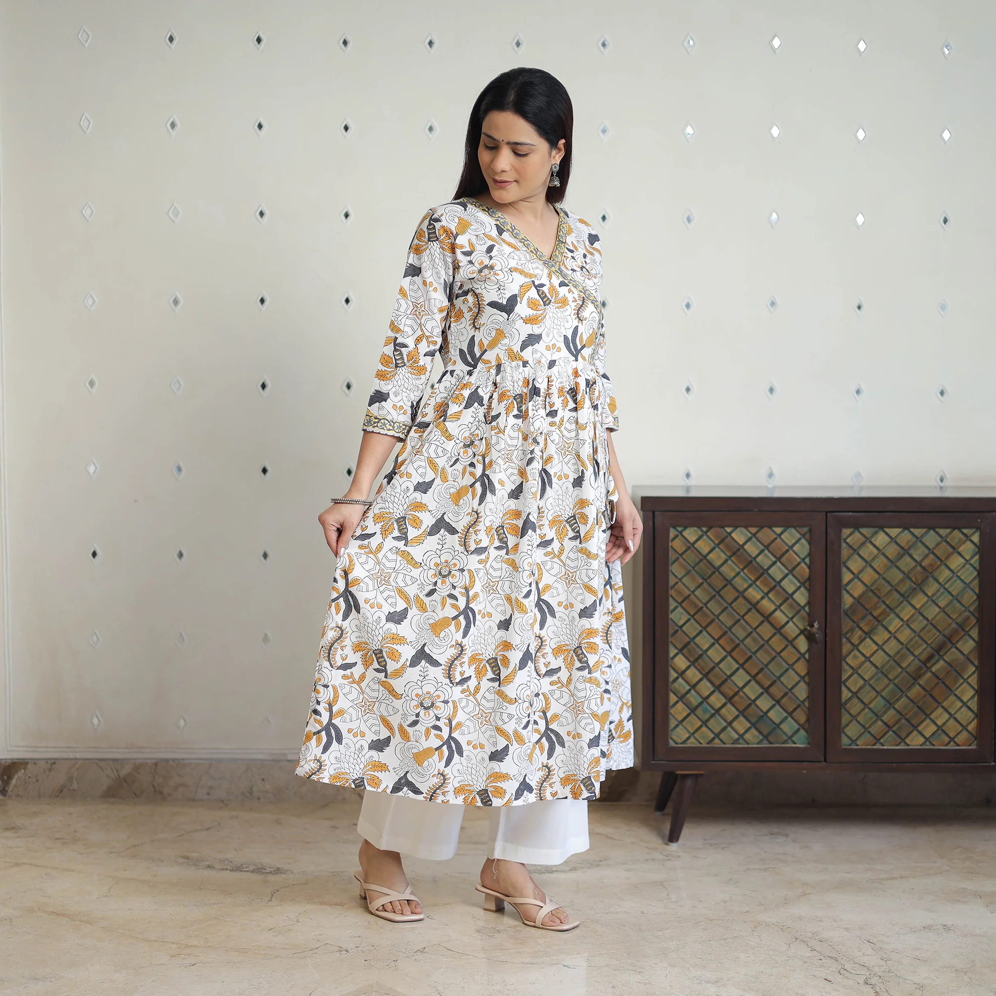 White - Block Print Cotton A-Line Sanganeri Kurta 03 - Image 3