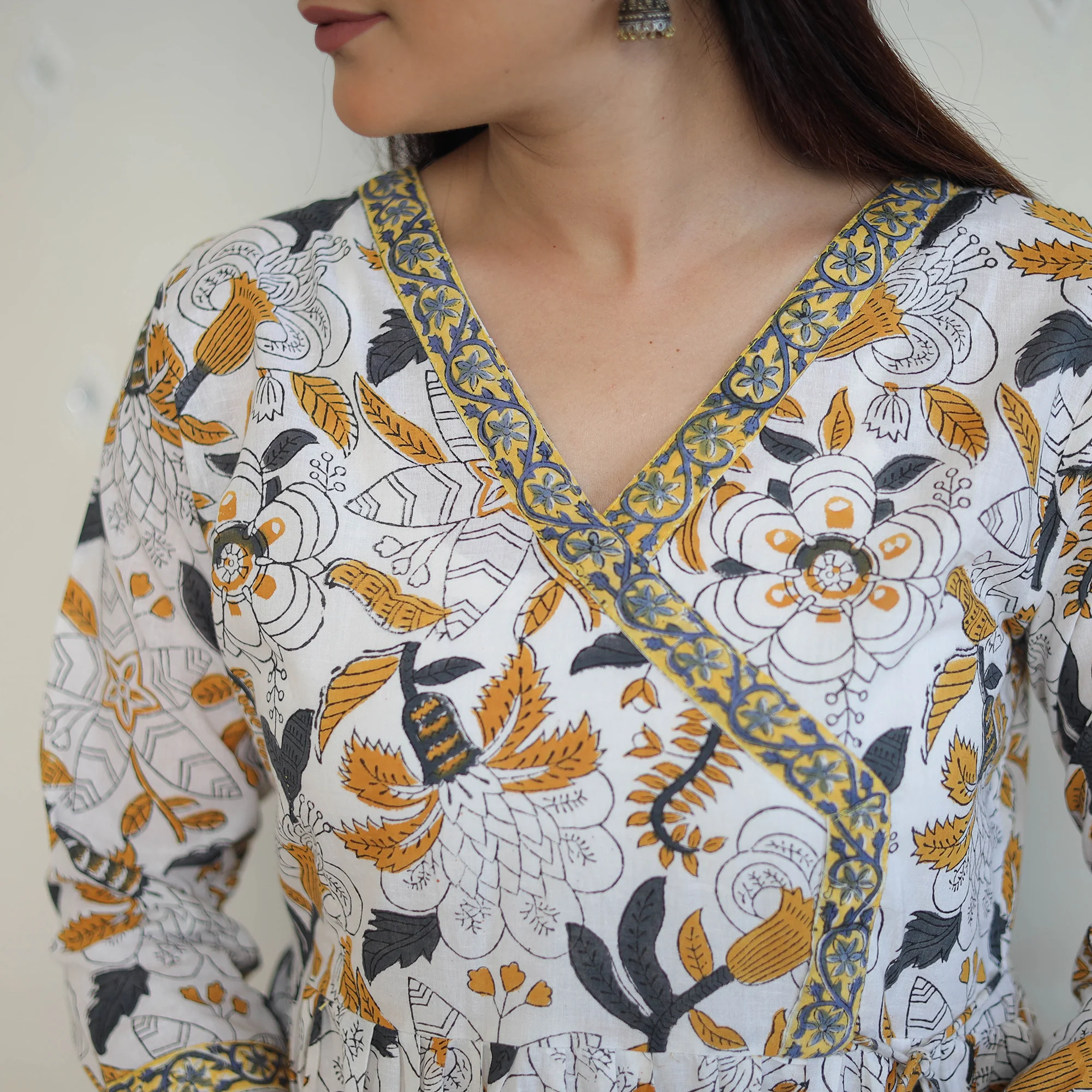 White - Block Print Cotton A-Line Sanganeri Kurta 03 - Image 4