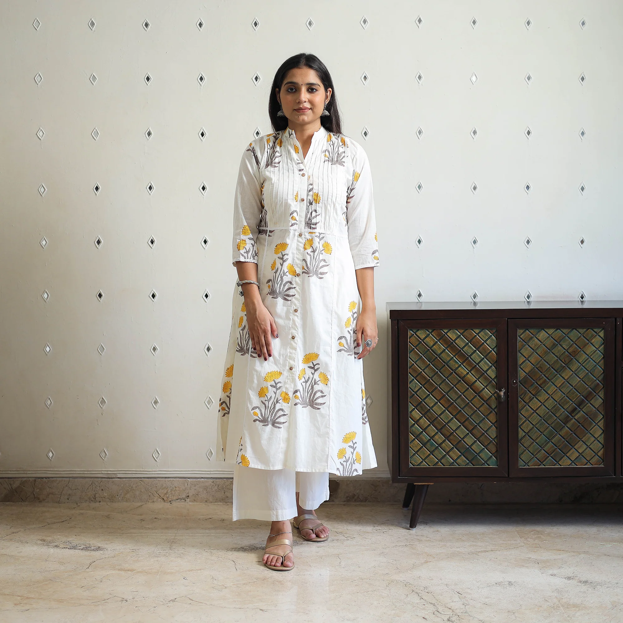 White - Block Print Cotton A-Line Sanganeri Kurta 09 - Image 2