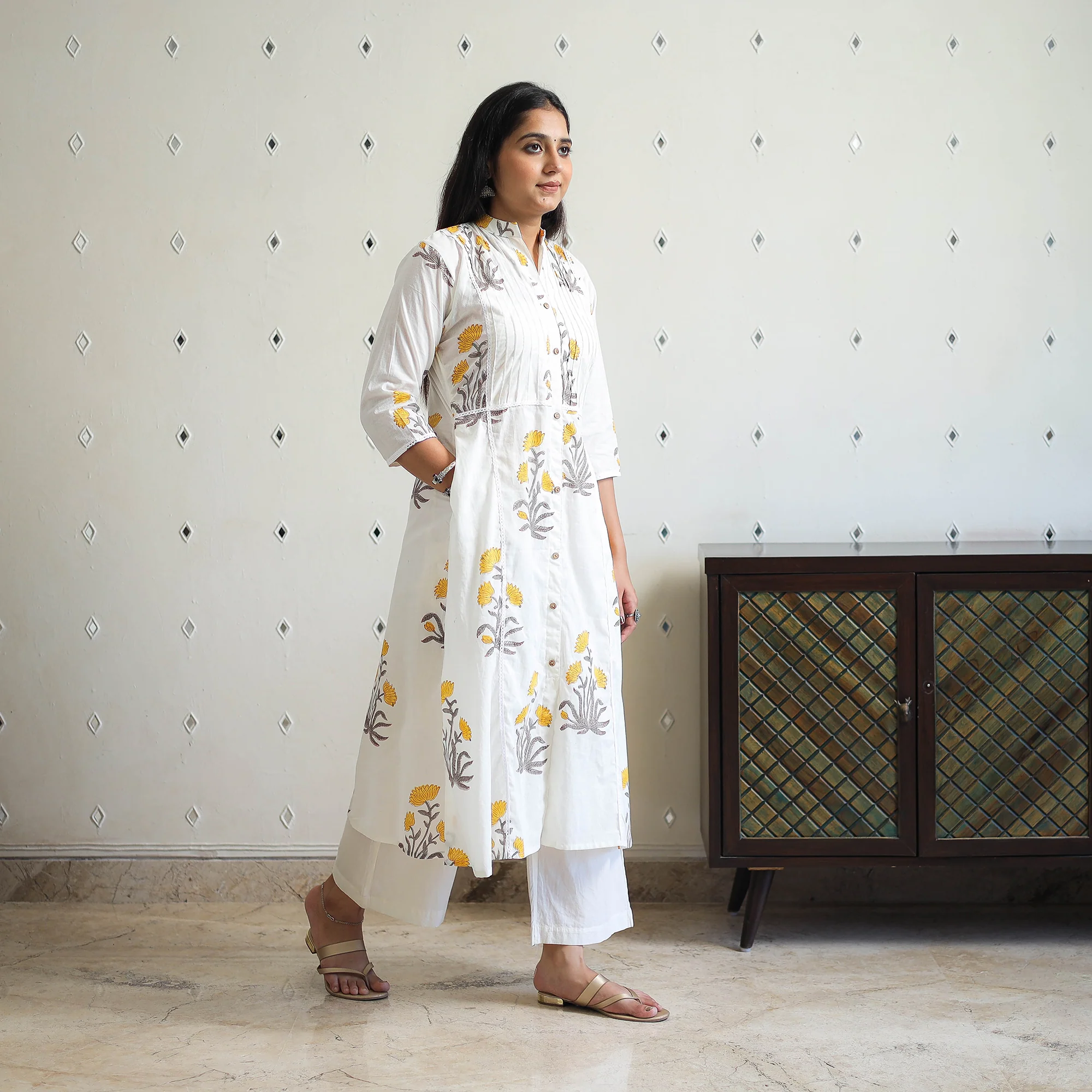White - Block Print Cotton A-Line Sanganeri Kurta 09 - Image 3