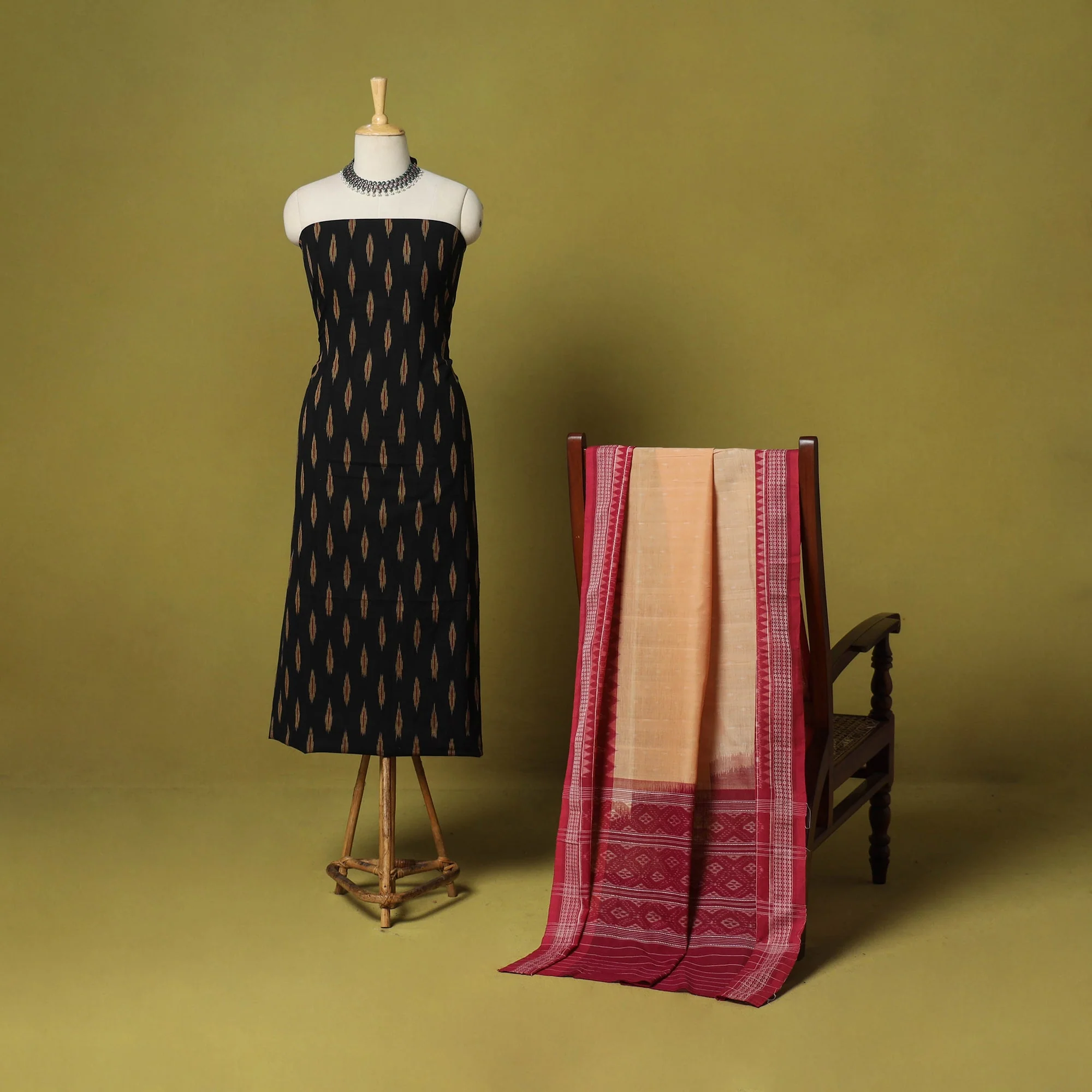 Black - 2pc Cotton Unstitched Pochampally Ikat Dress Material 02 - Image 2
