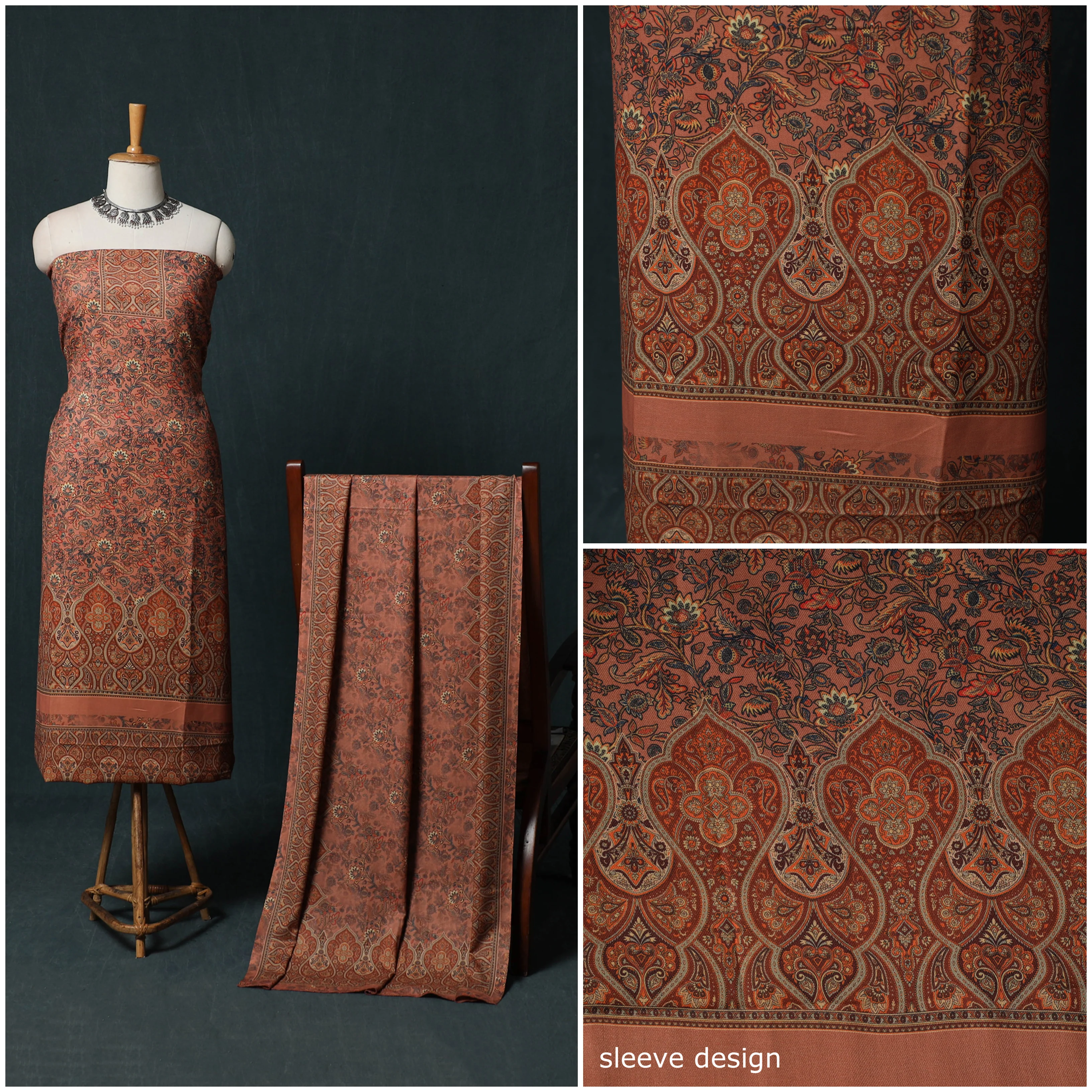 Brown - 3pc Digital Print Wool Unstitched Dress Material Suit Set 105 - Image 3