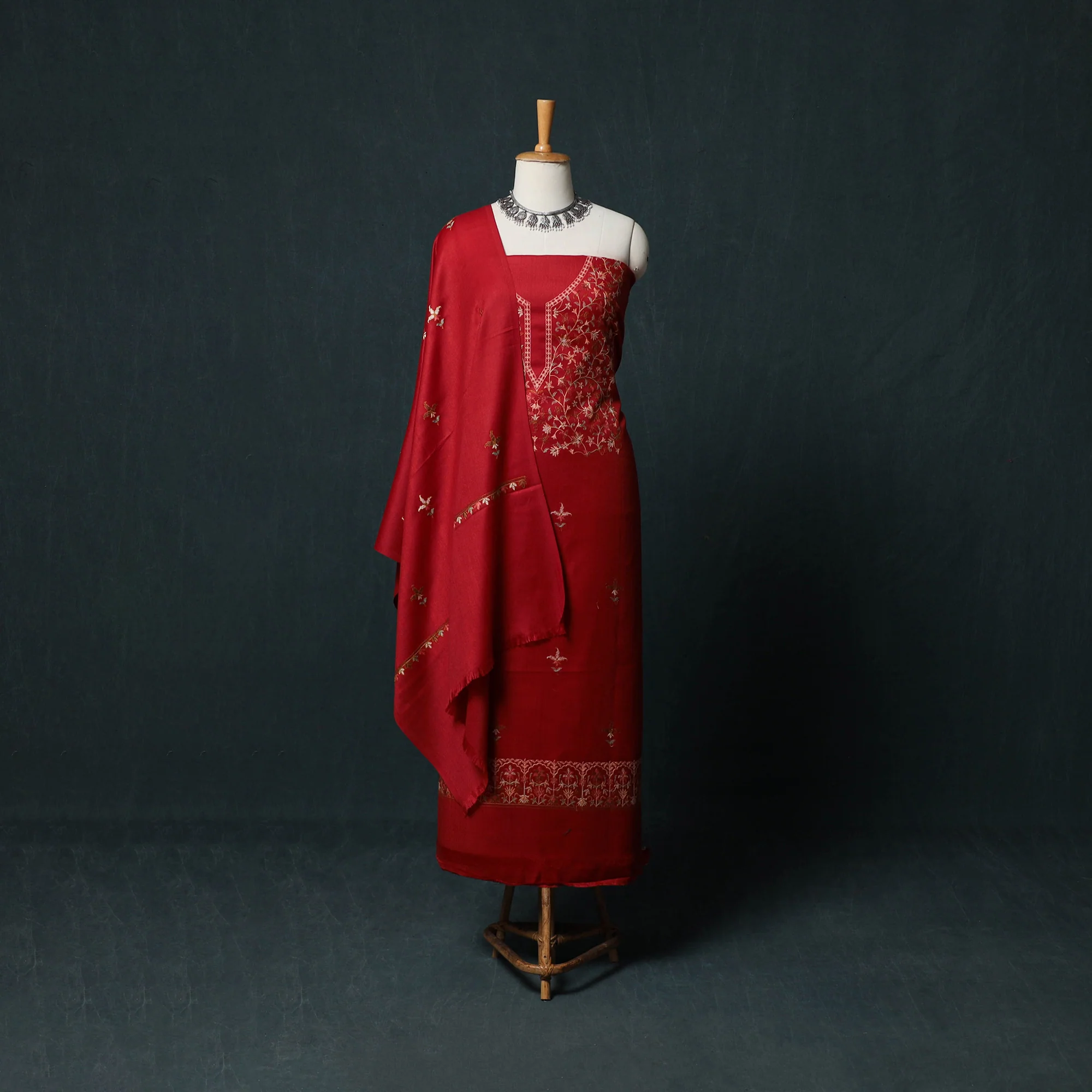 Red - 3pc Embroidered Wool Unstitched Dress Material Suit Set 11