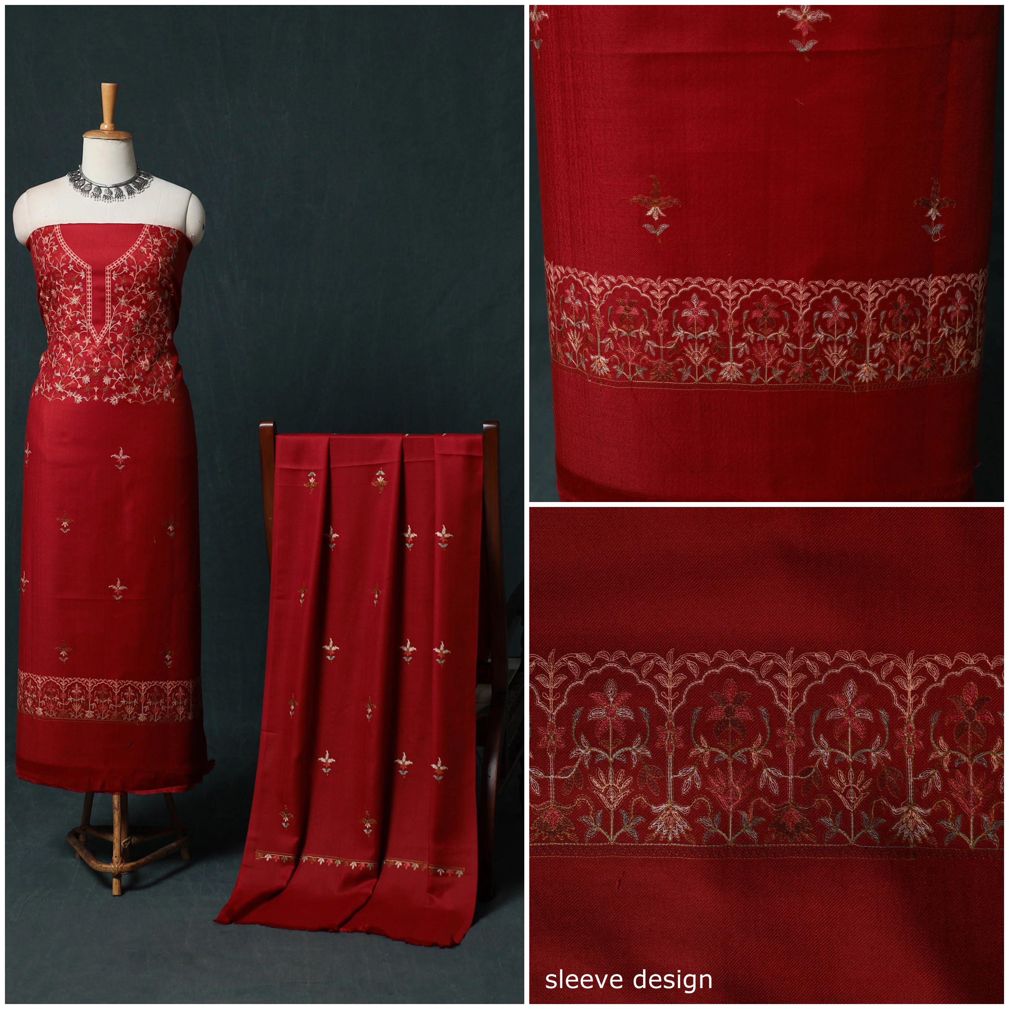 Red - 3pc Embroidered Wool Unstitched Dress Material Suit Set 11 - Image 3