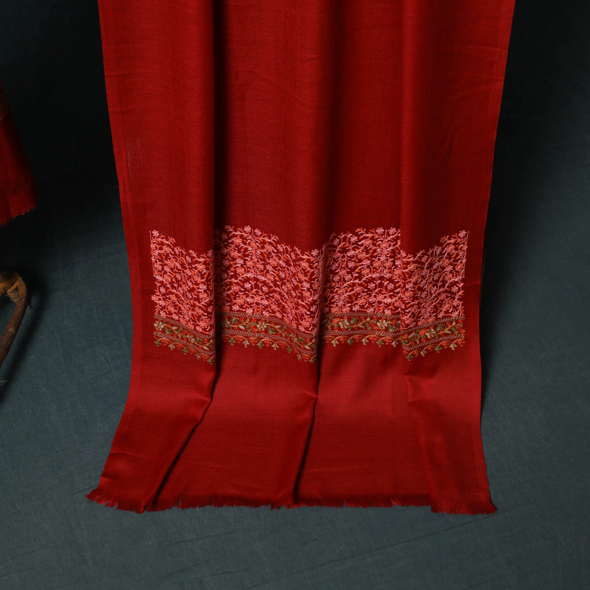Red - 3pc Heavy Chain Stitch Embroidered Wool Unstitched Dress Material Suit Set 20 - Image 4