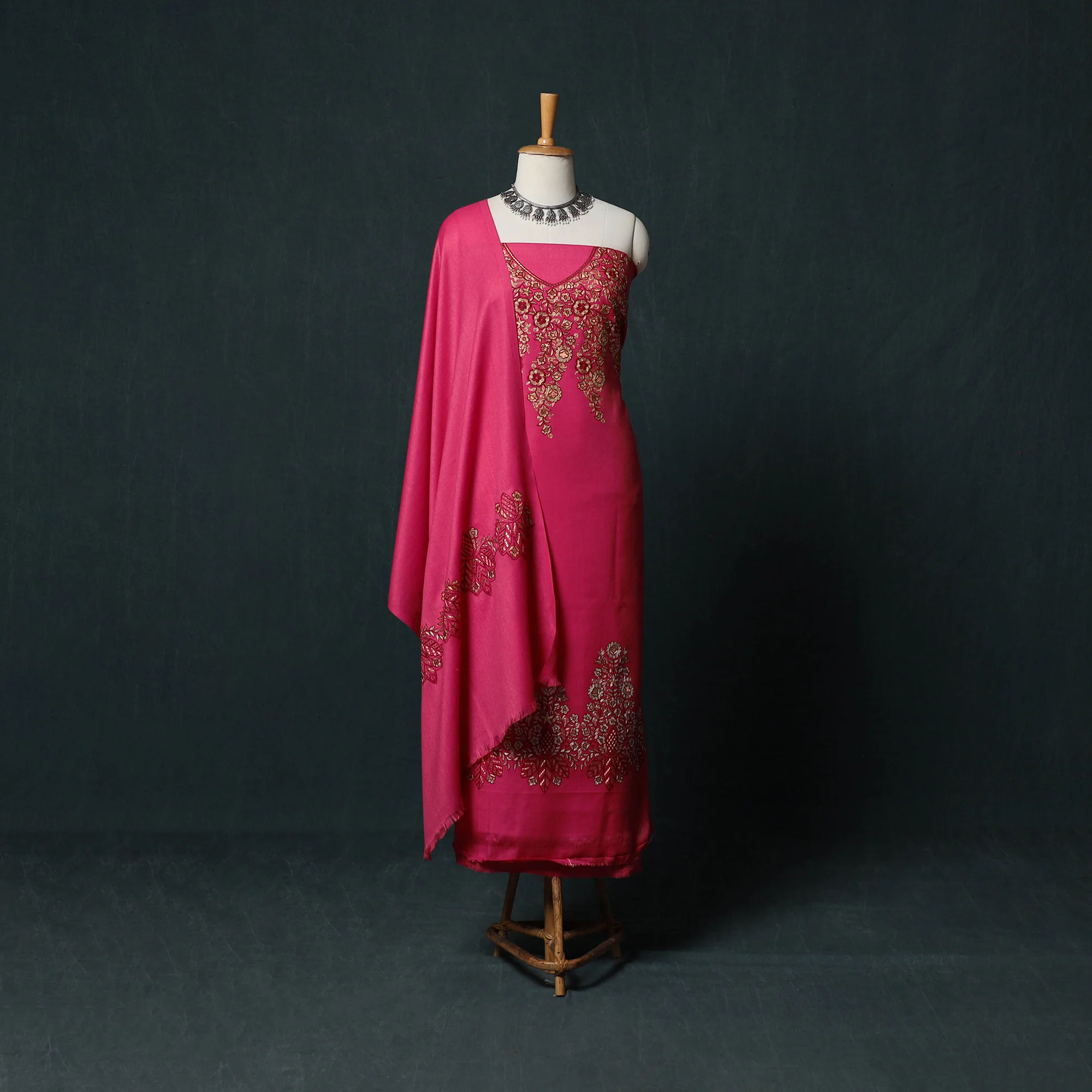 Pink - 3pc Heavy Chain Stitch Embroidered Wool Unstitched Dress Material Suit Set 35