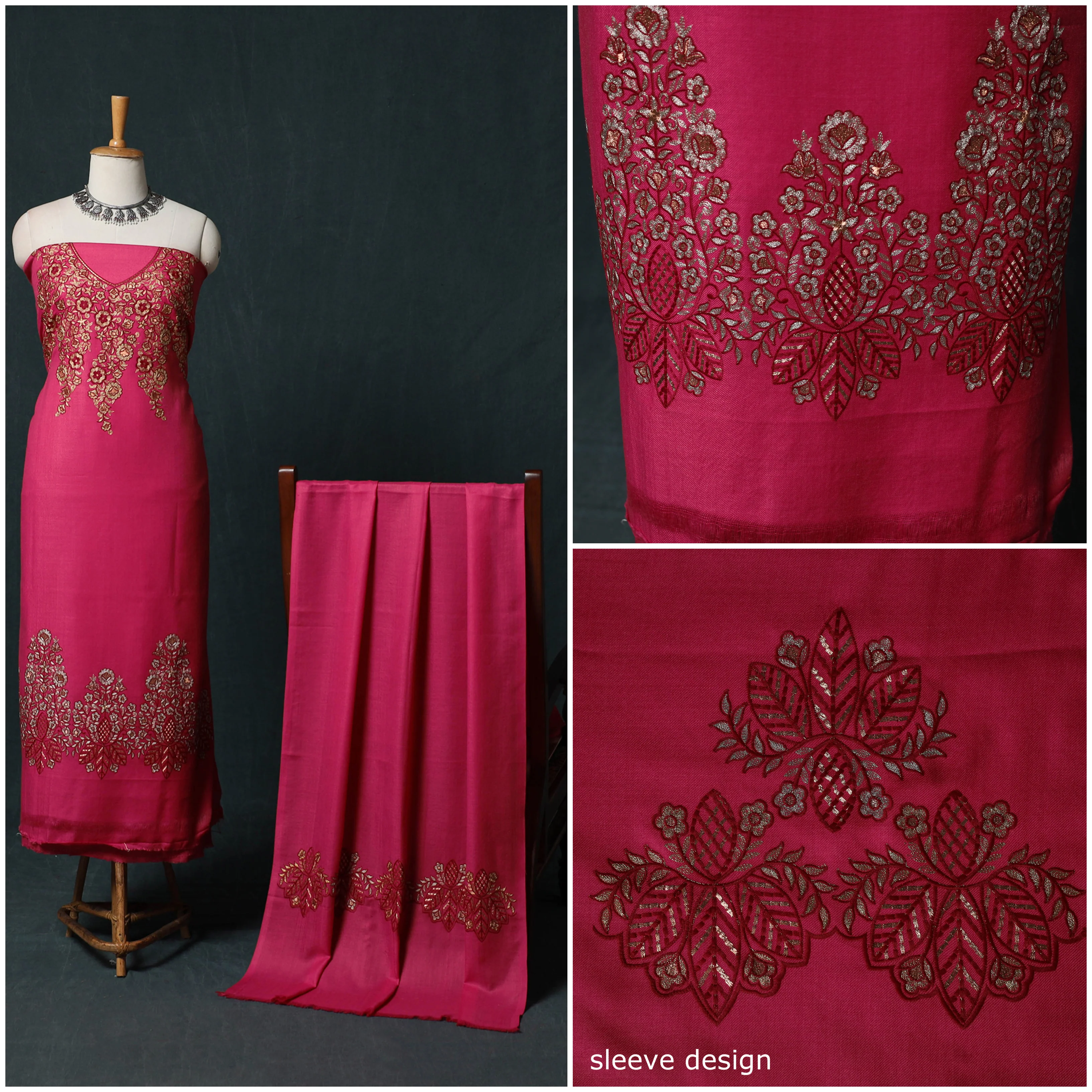 Pink - 3pc Heavy Chain Stitch Embroidered Wool Unstitched Dress Material Suit Set 35 - Image 3