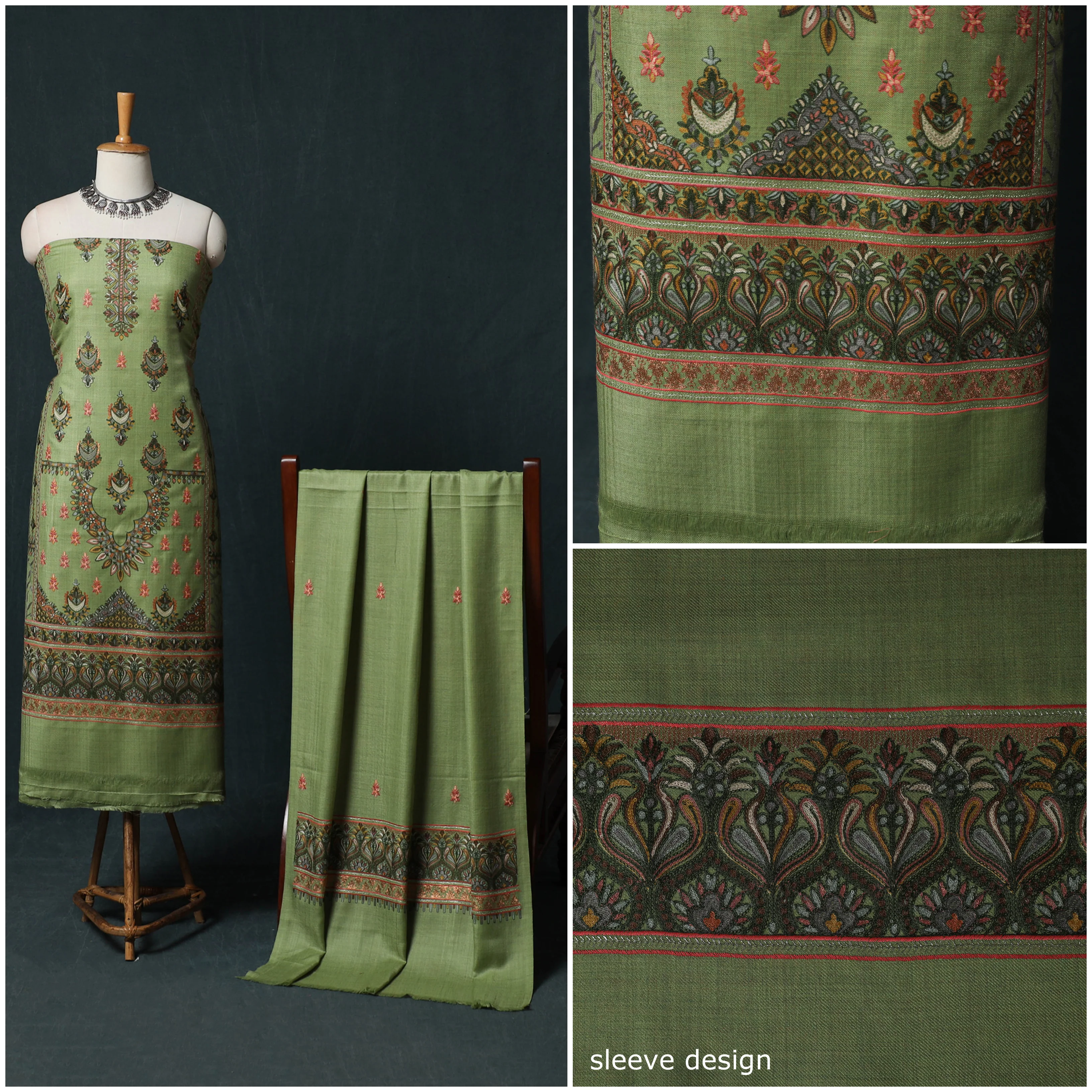 Green - 3pc Heavy Chain Stitch Embroidered Wool Unstitched Dress Material Suit Set 38 - Image 3