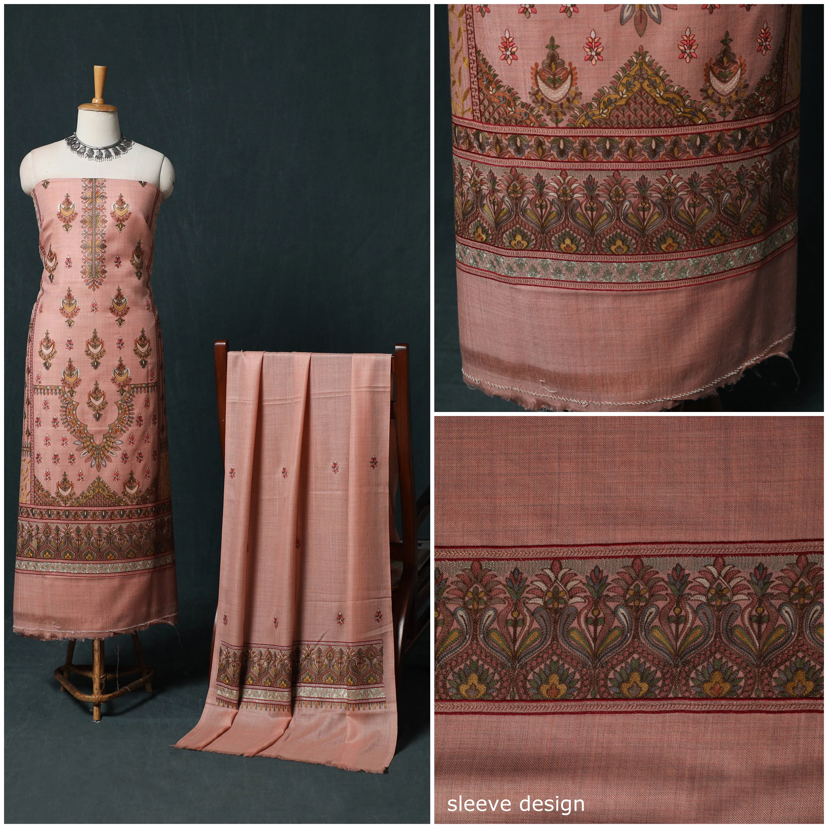 Peach - 3pc Heavy Chain Stitch Embroidered Wool Unstitched Dress Material Suit Set 40 - Image 3