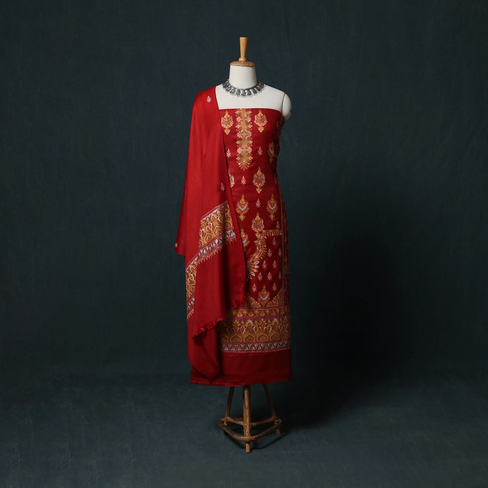 Red - 3pc Heavy Chain Stitch Embroidered Wool Unstitched Dress Material Suit Set 41