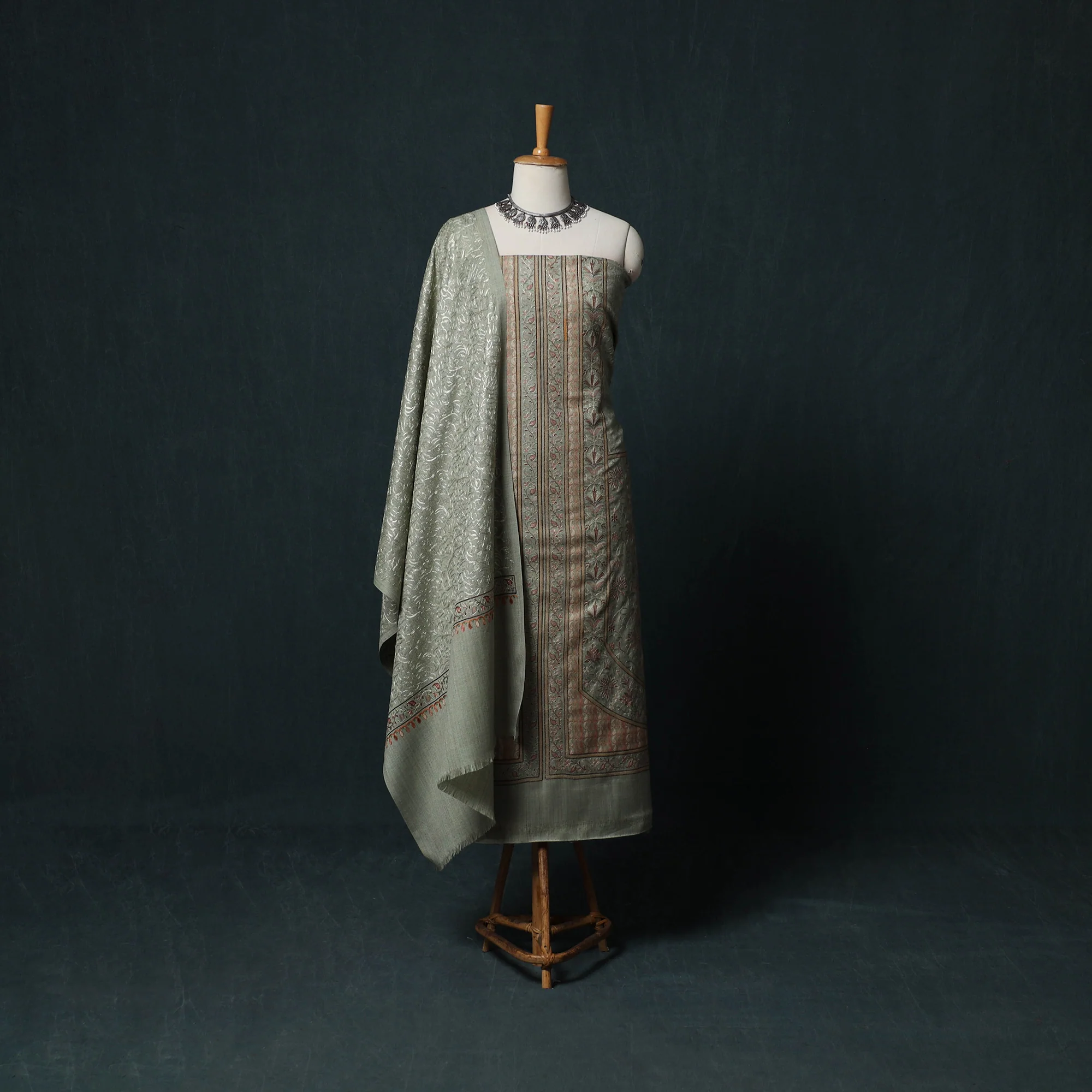 Grey - 3pc Heavy Chain Stitch Embroidered Wool Unstitched Dress Material Suit Set 60