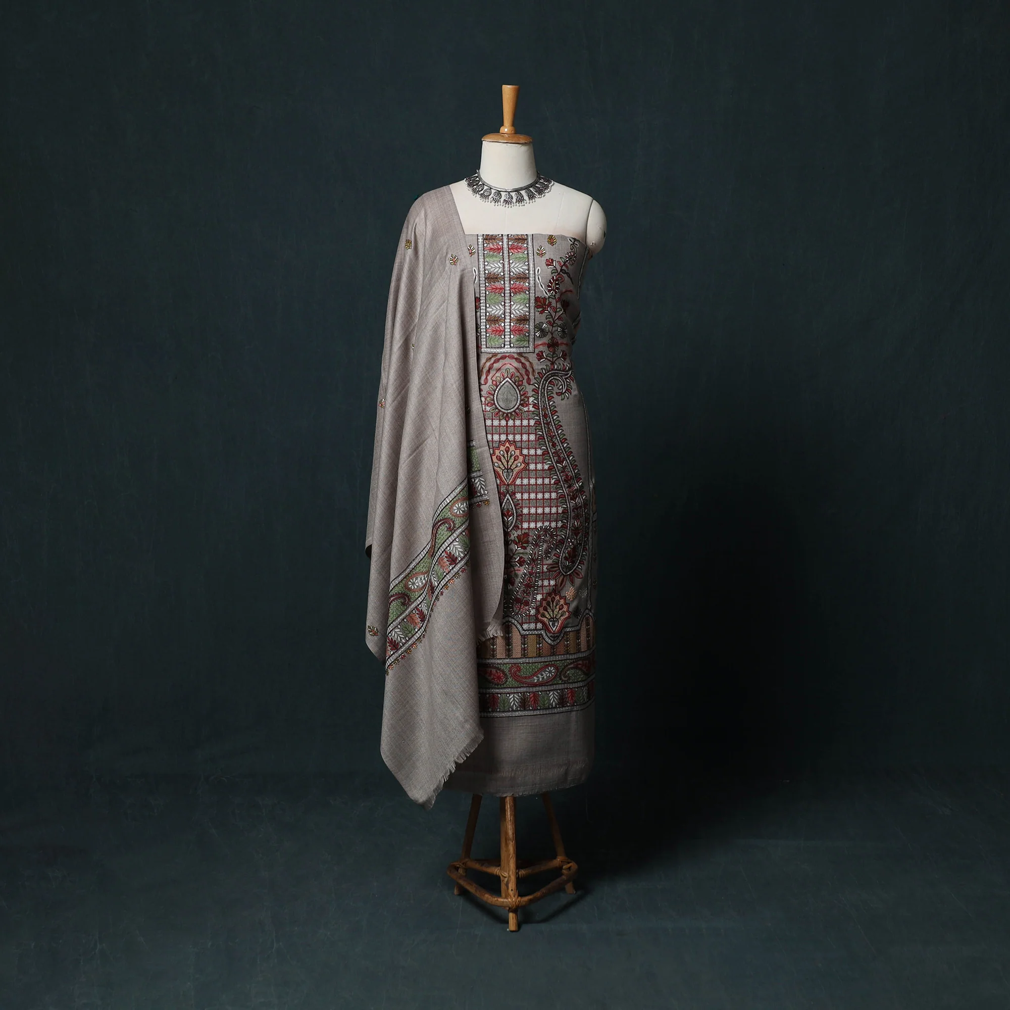 Grey - 3pc Heavy Chain Stitch Embroidered Wool Unstitched Dress Material Suit Set 66