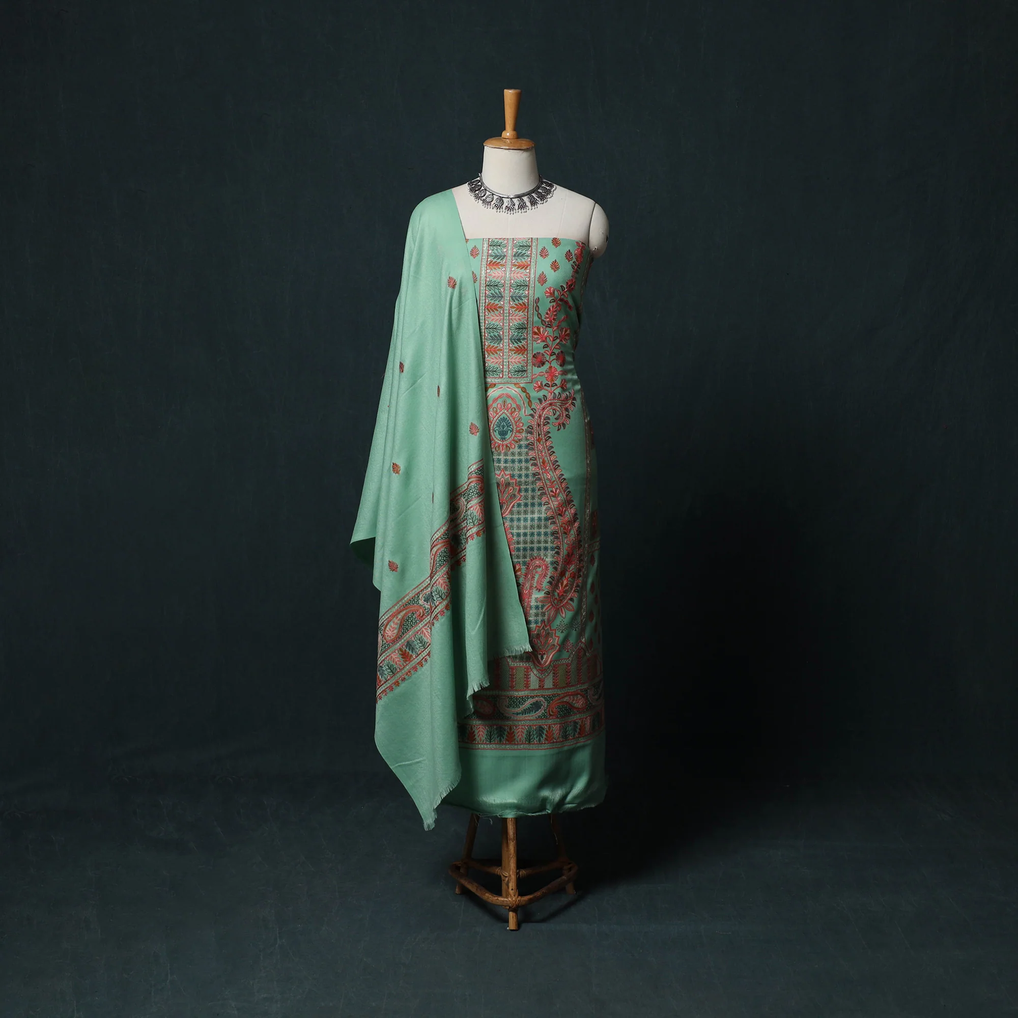 Green - 3pc Heavy Chain Stitch Embroidered Wool Unstitched Dress Material Suit Set 67