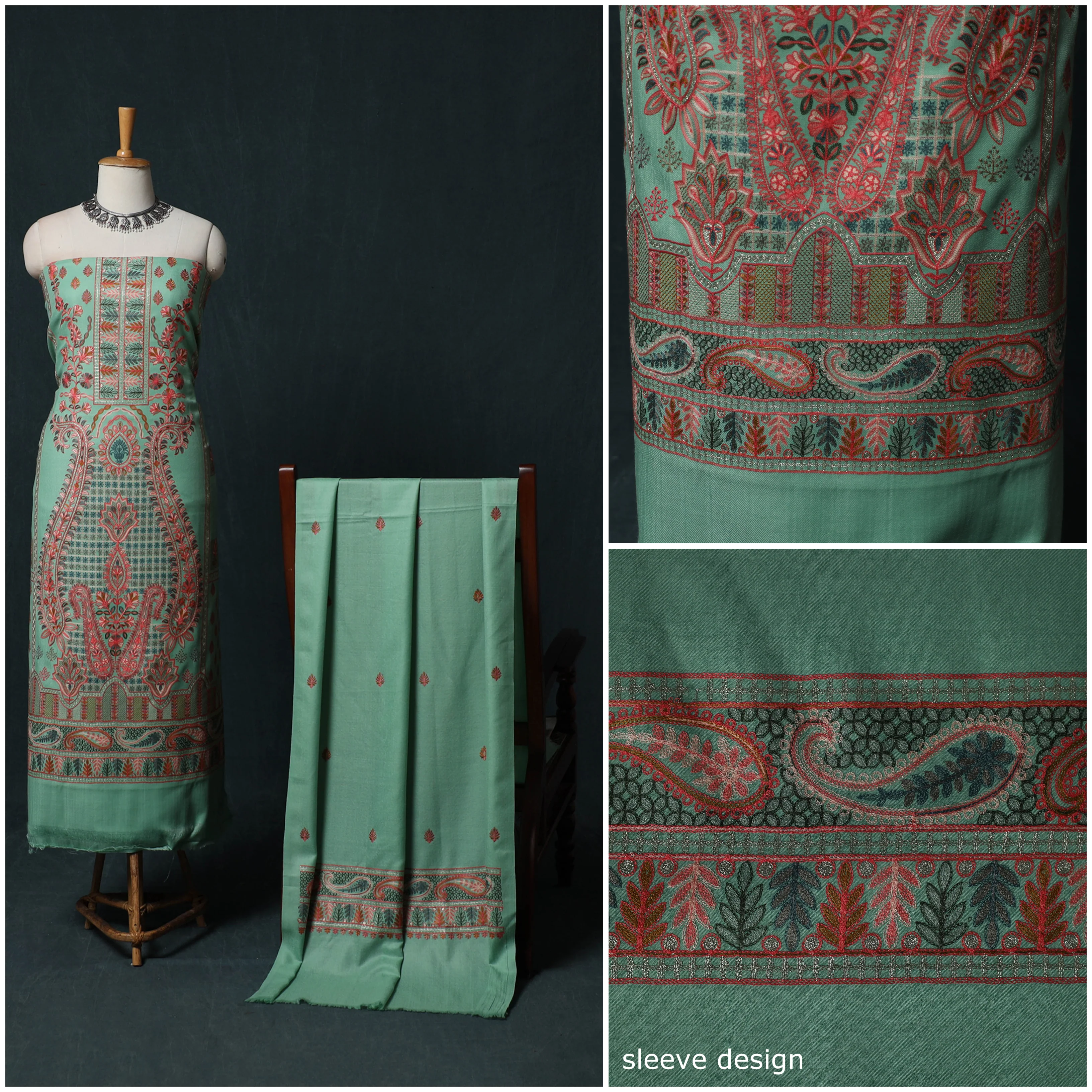 Green - 3pc Heavy Chain Stitch Embroidered Wool Unstitched Dress Material Suit Set 67 - Image 3