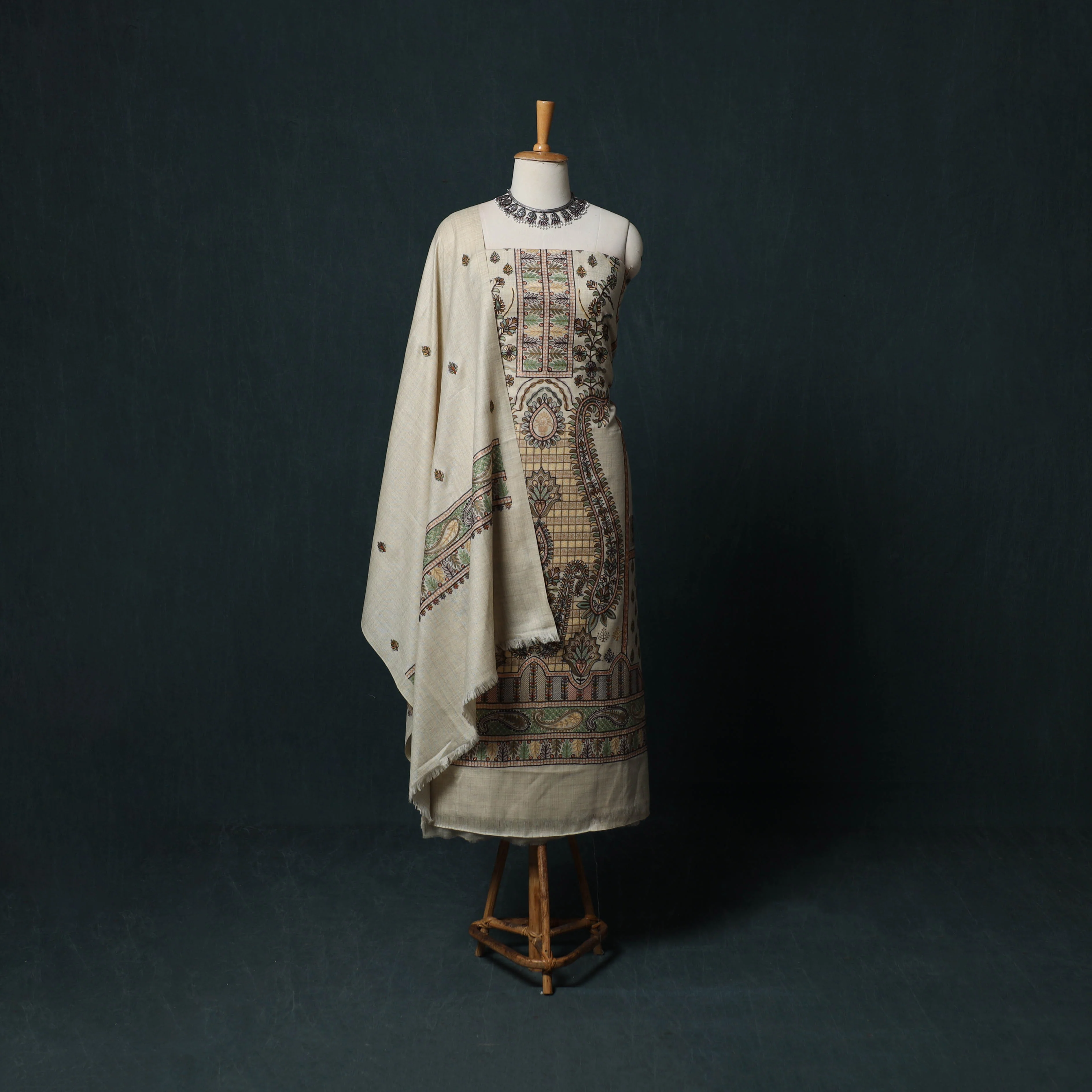 Beige - 3pc Heavy Chain Stitch Embroidered Wool Unstitched Dress Material Suit Set 71