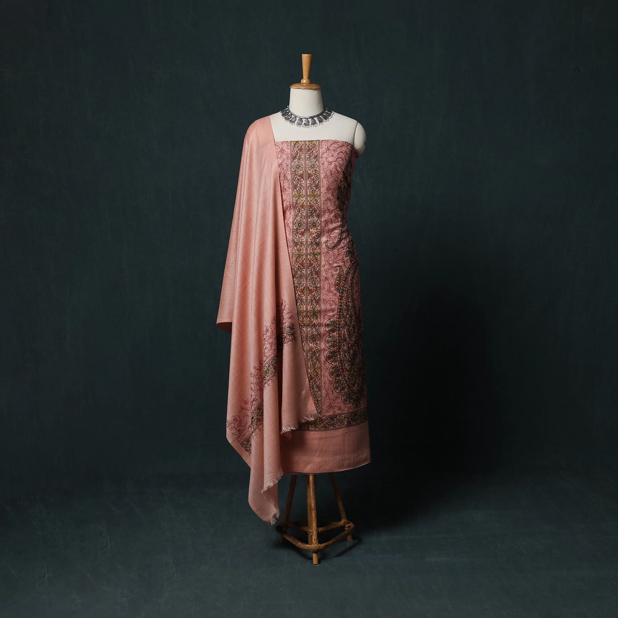 Peach - 3pc Heavy Chain Stitch Embroidered Wool Unstitched Dress Material Suit Set 83