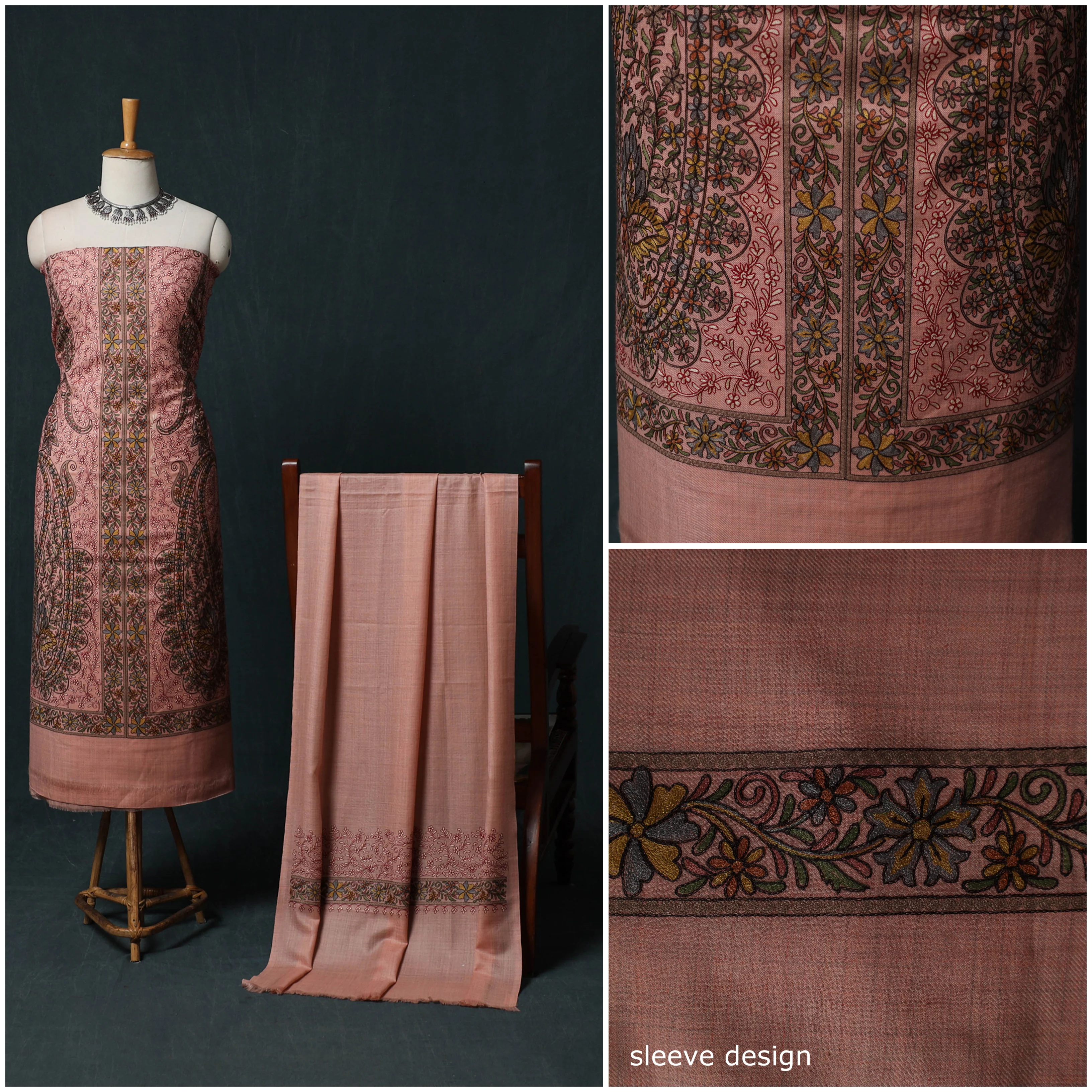Peach - 3pc Heavy Chain Stitch Embroidered Wool Unstitched Dress Material Suit Set 83 - Image 3