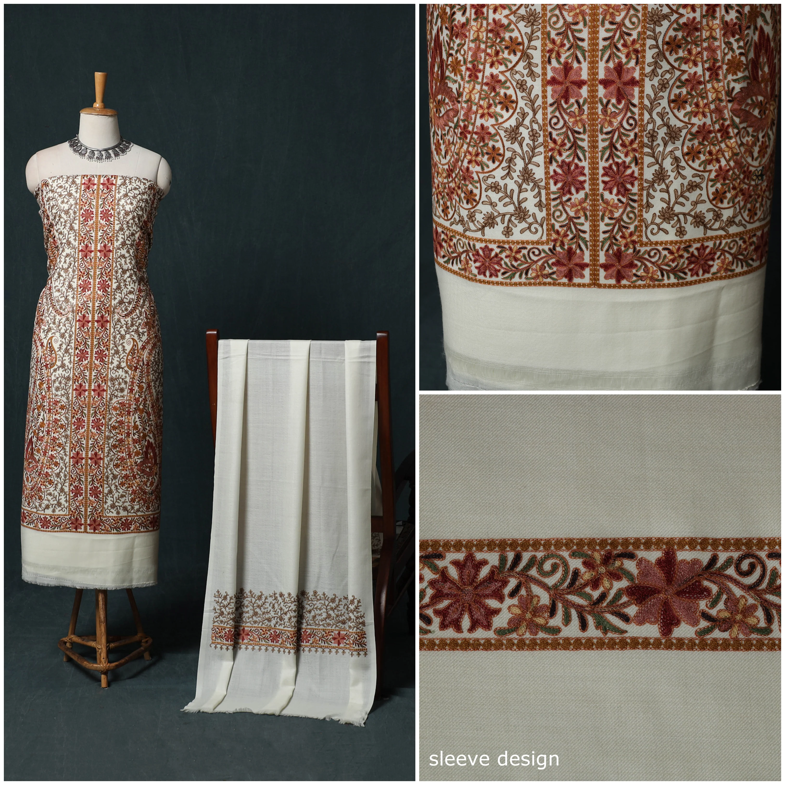 White - 3pc Heavy Chain Stitch Embroidered Wool Unstitched Dress Material Suit Set 87 - Image 3