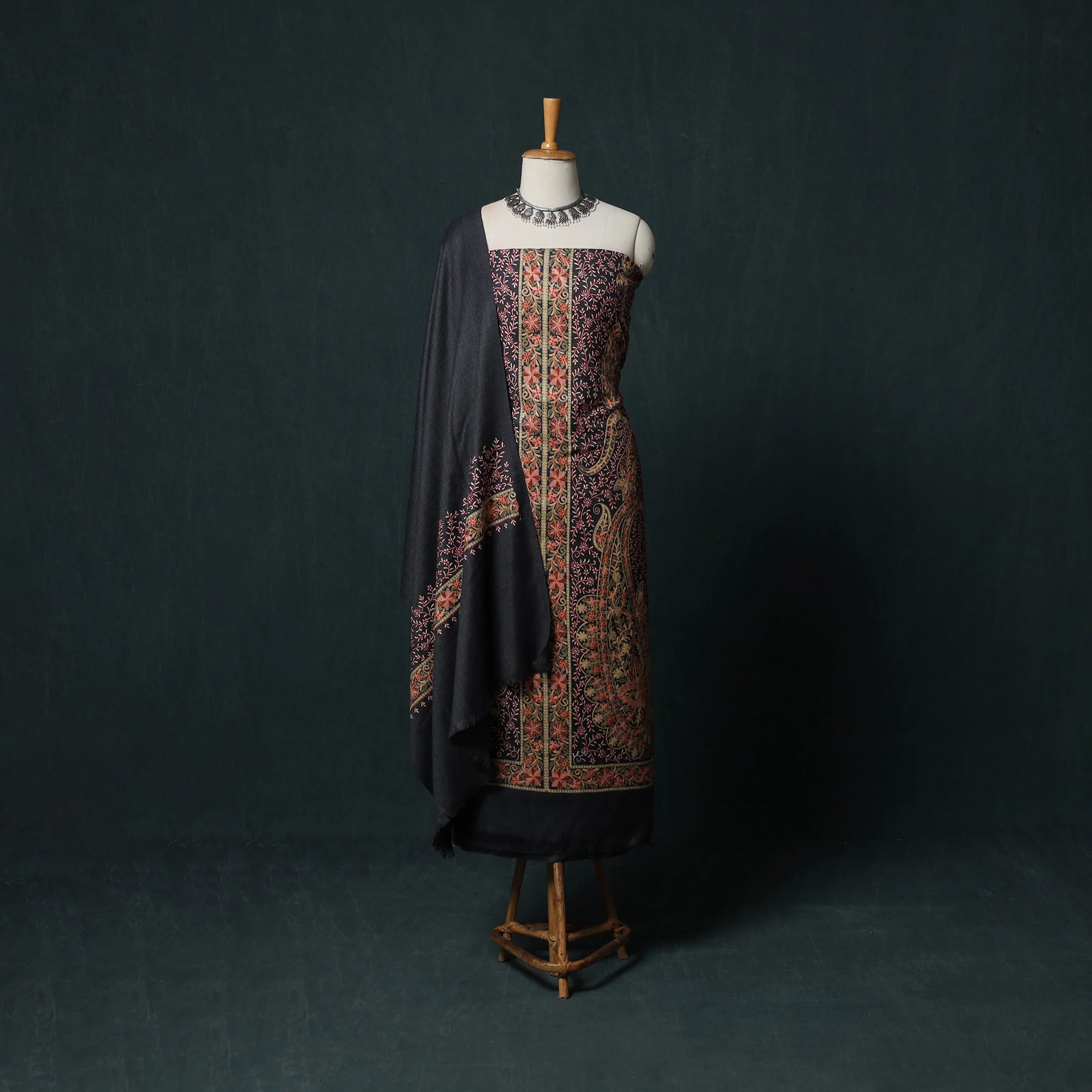 Multicolor - 3pc Heavy Chain Stitch Embroidered Wool Unstitched Dress Material Suit Set 89