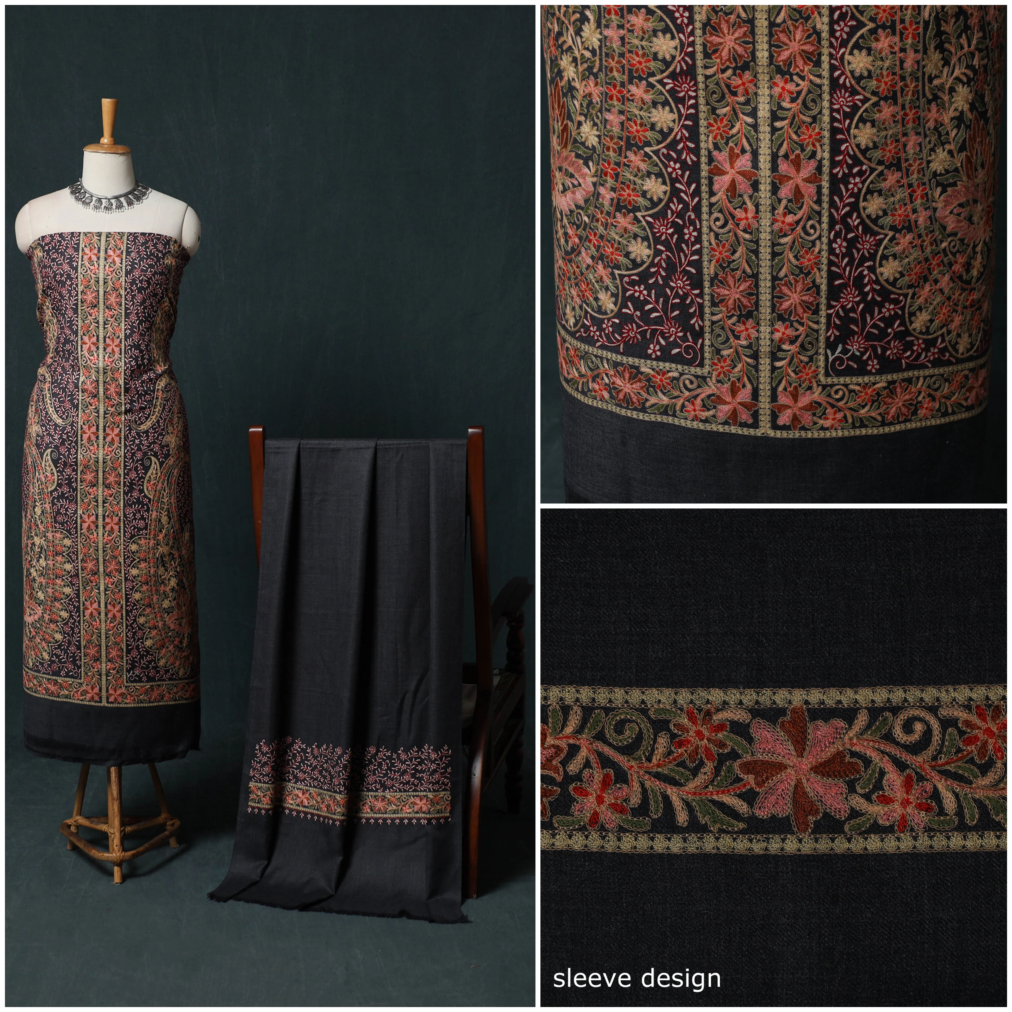 Multicolor - 3pc Heavy Chain Stitch Embroidered Wool Unstitched Dress Material Suit Set 89 - Image 3