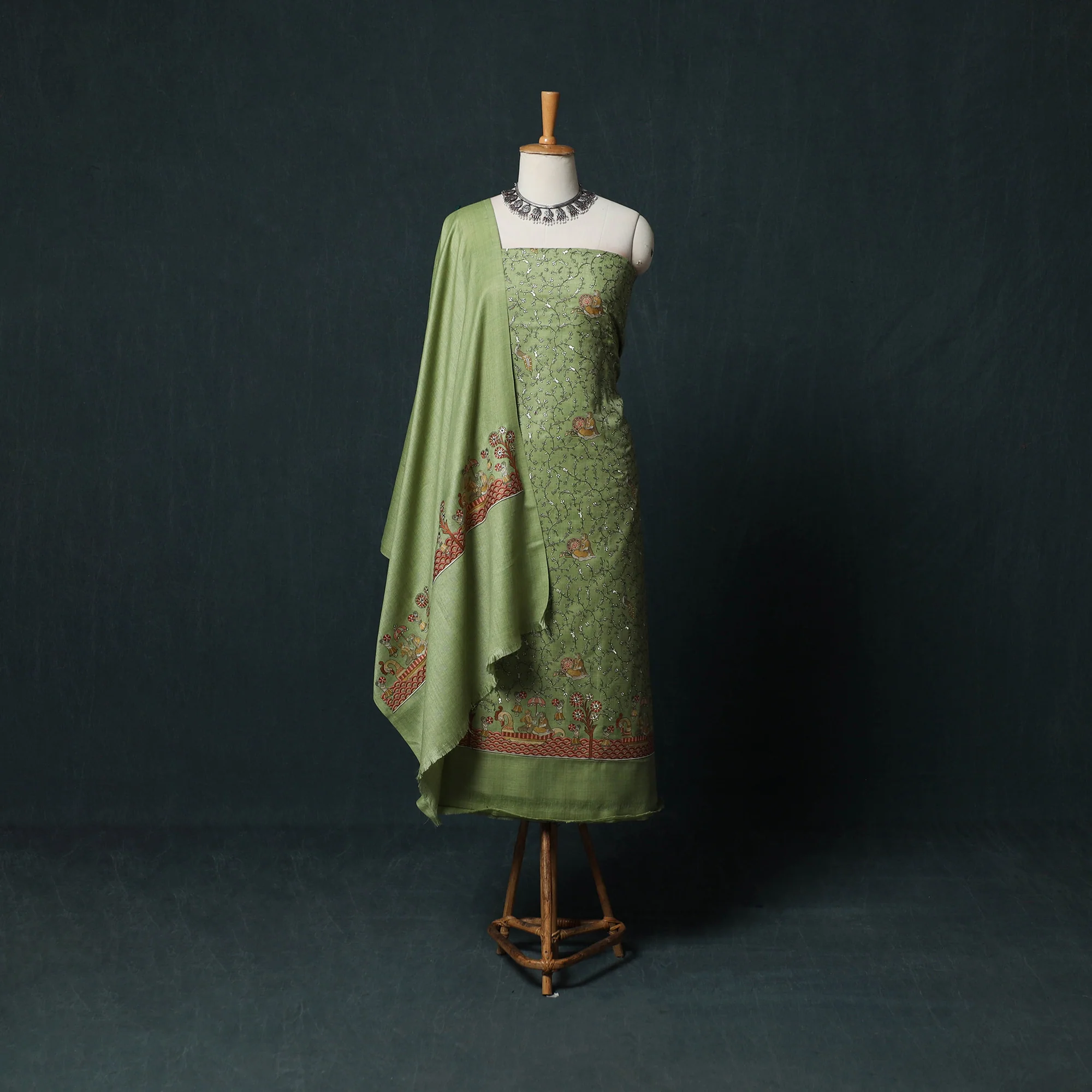 Green - 3pc Heavy Embroidered Wool Unstitched Dress Material Suit Set 32