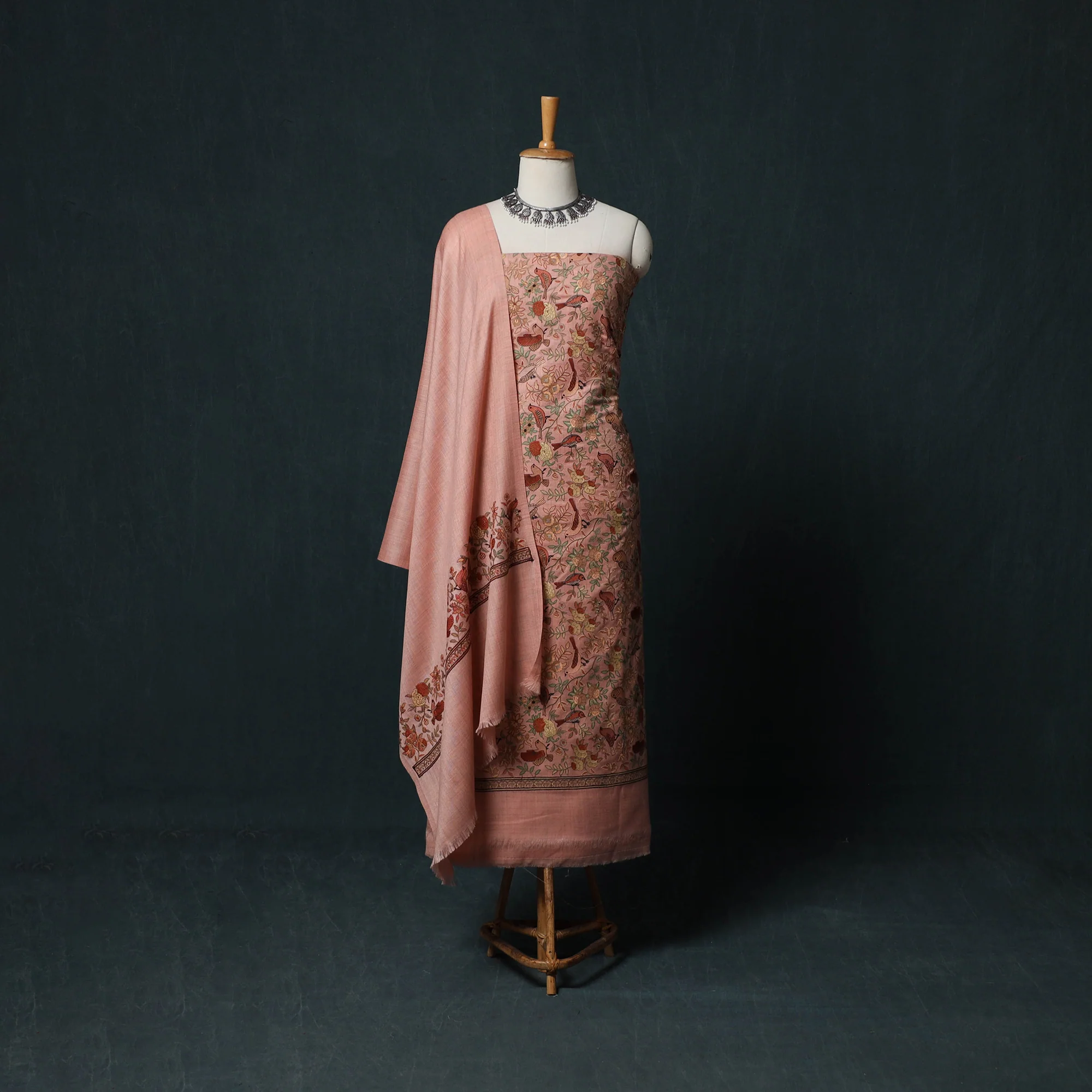 Peach - 3pc Heavy Embroidered Wool Unstitched Dress Material Suit Set 50