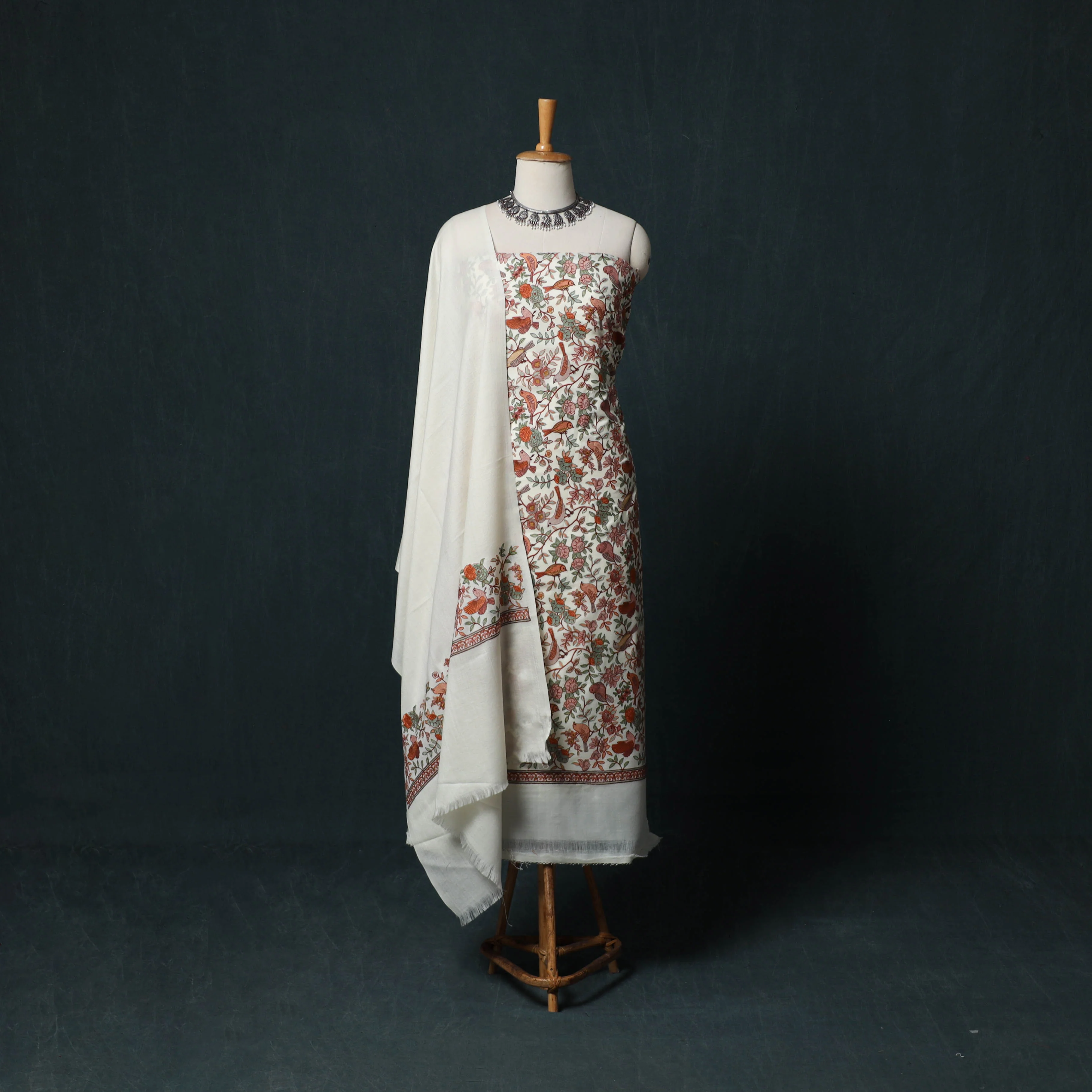 White - 3pc Heavy Embroidered Wool Unstitched Dress Material Suit Set 51